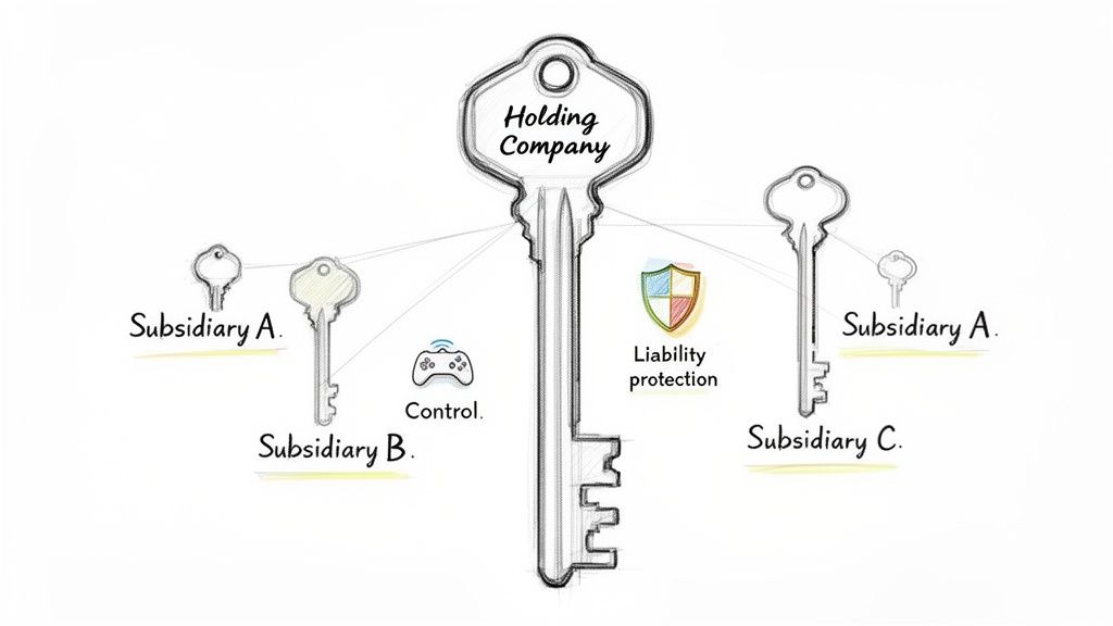 A diagram illustrating a holding company key controlling subsidiary keys, providing liability protection and control.