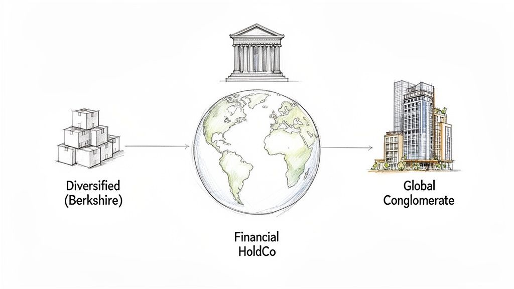 Diagram illustrating Financial HoldCo connecting diversified assets, a global conglomerate, and a central institution.