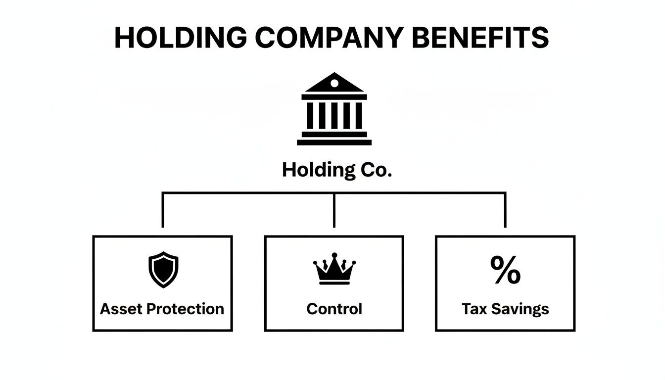Diagram illustrating the benefits of a holding company, including asset protection, control, and tax savings.