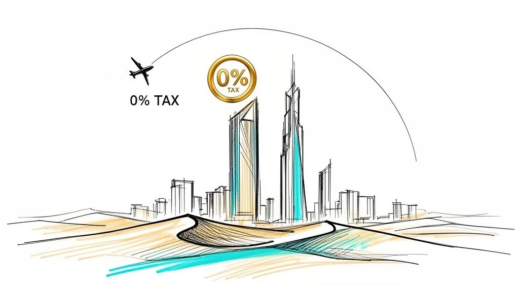 A sketched cityscape with skyscrapers rising from desert dunes, an airplane flying towards a '0% TAX' sign.
