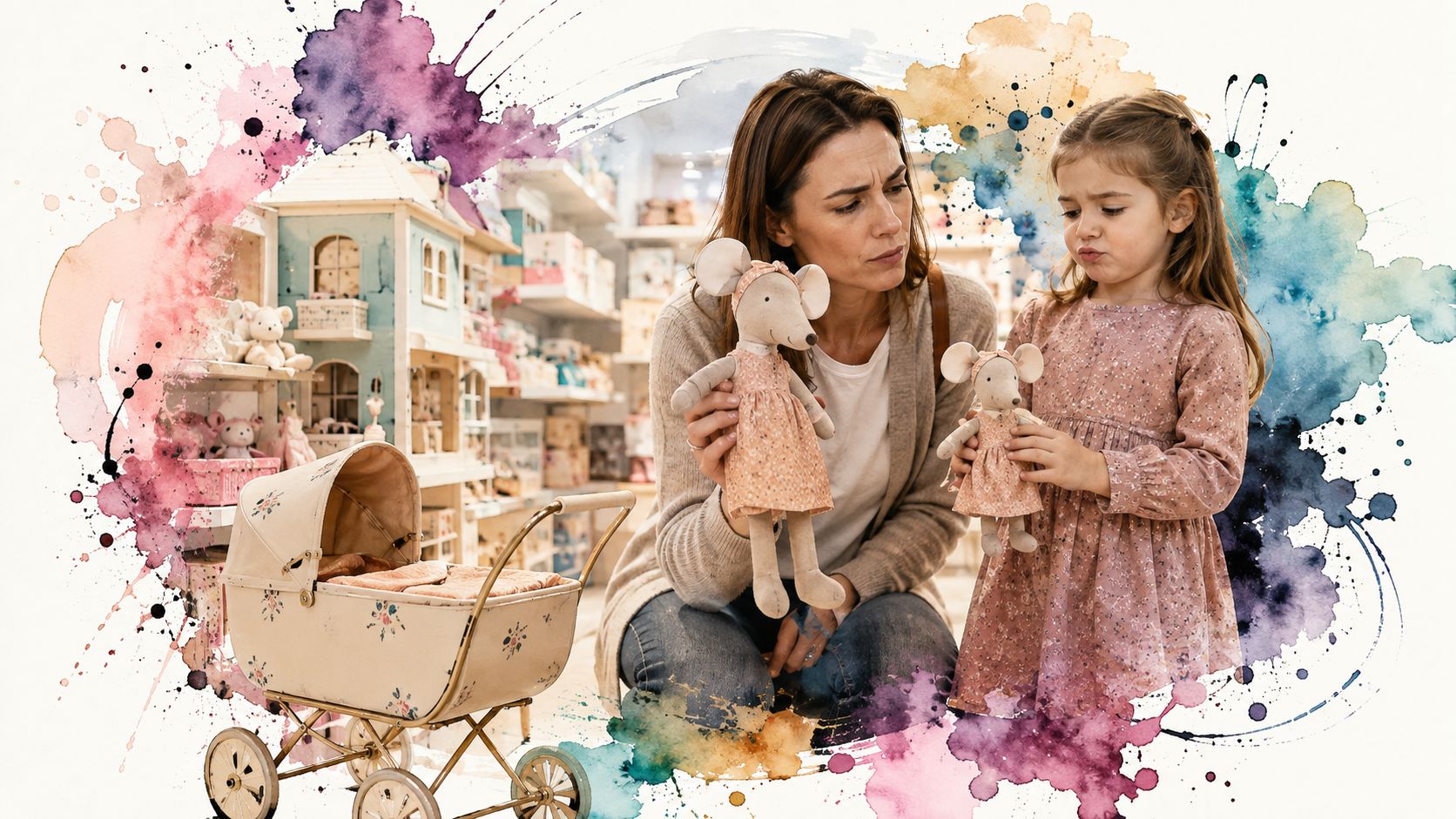 A mother and daughter holding stuffed mouse dolls while shopping in a toy store with a doll carriage.