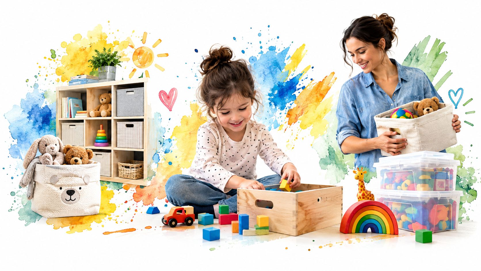 A smiling mother and daughter playing with colorful wooden building blocks and toys in a bright room.