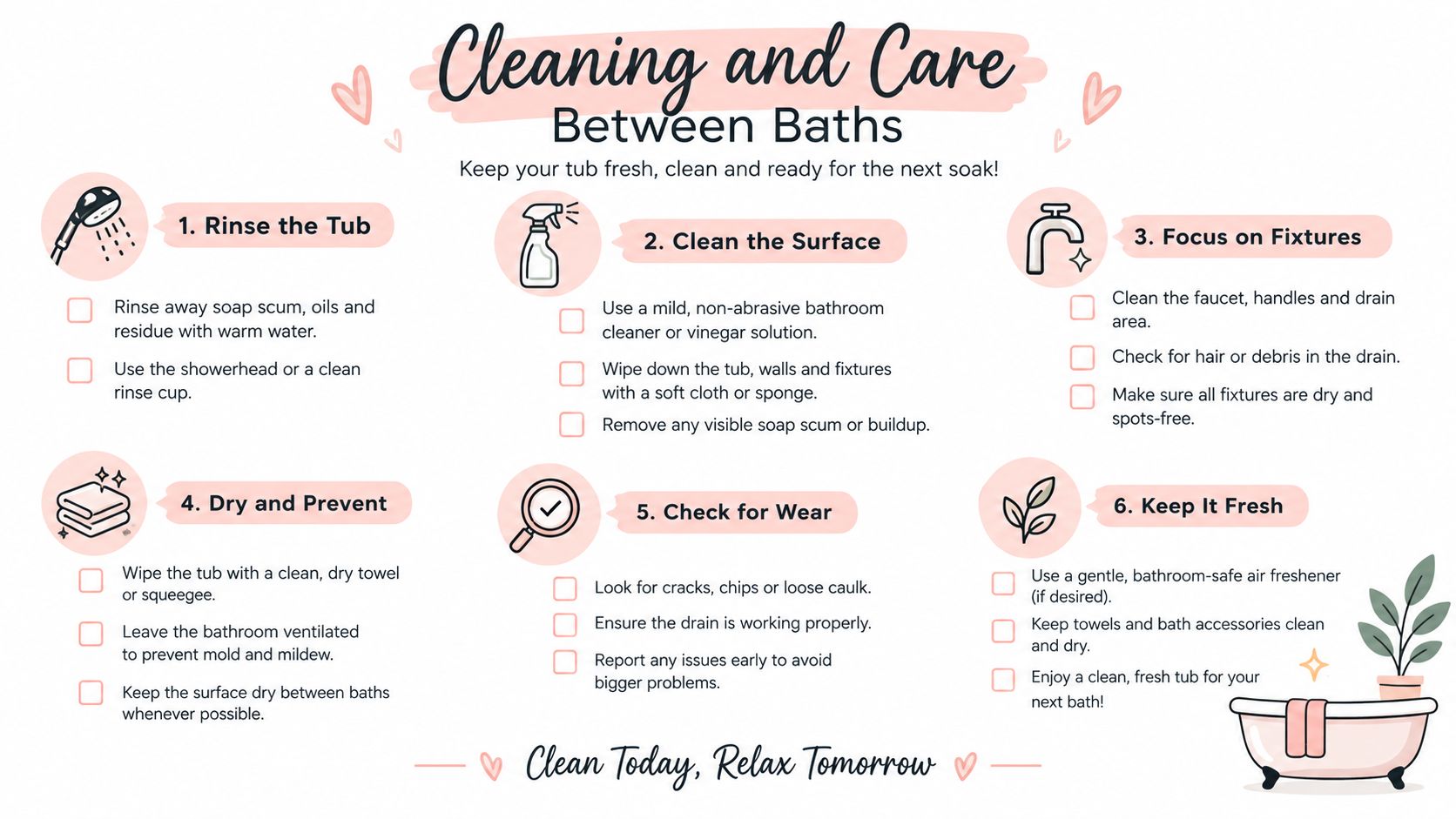 An infographic detailing six easy steps for cleaning and maintaining a bathtub between uses.
