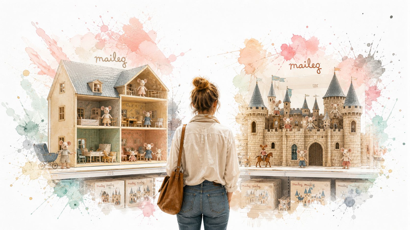 A woman stands in a store looking at Maileg dollhouses and a toy castle on shelves.
