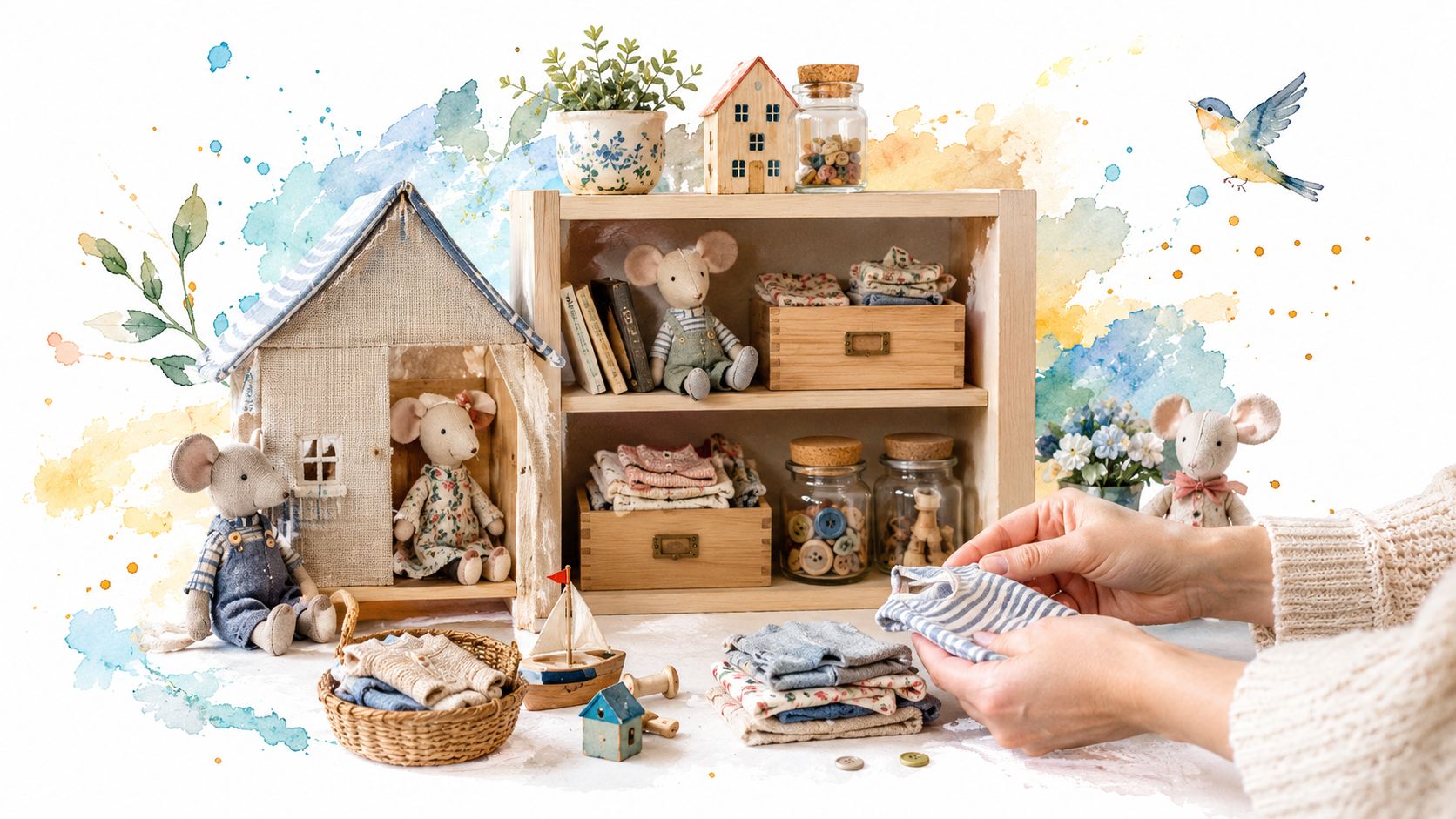 A pair of hands folding small striped clothes next to Maileg mice toys and wooden accessories.
