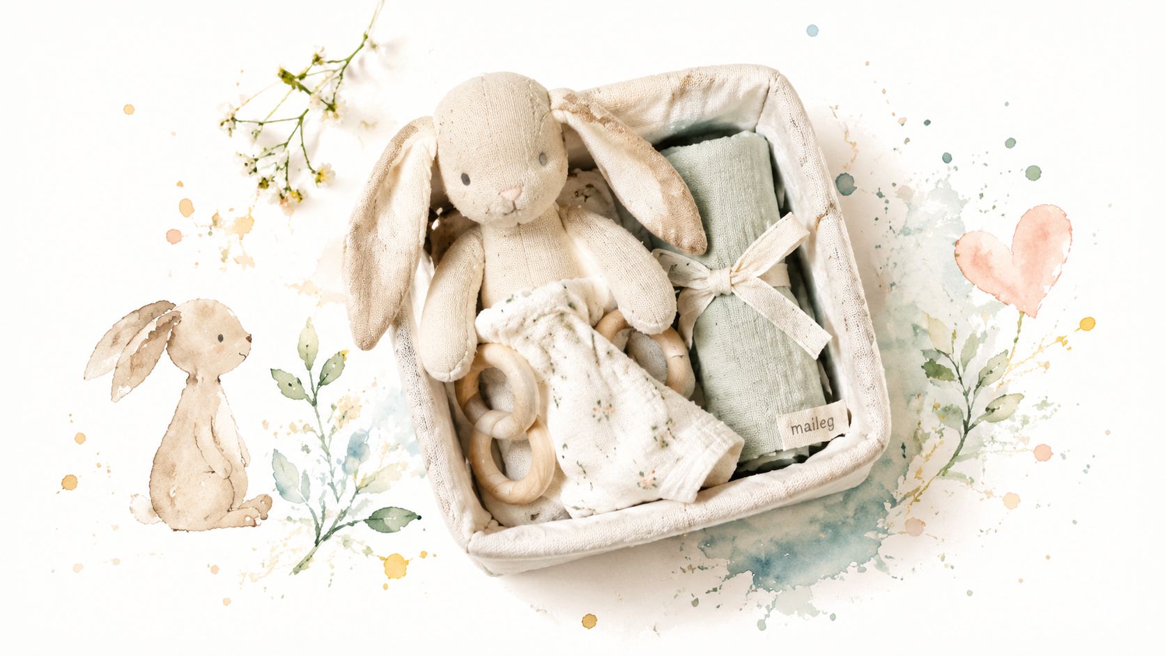 A soft plush Maileg bunny toy, wooden teething rings, and a green swaddle cloth in a basket.