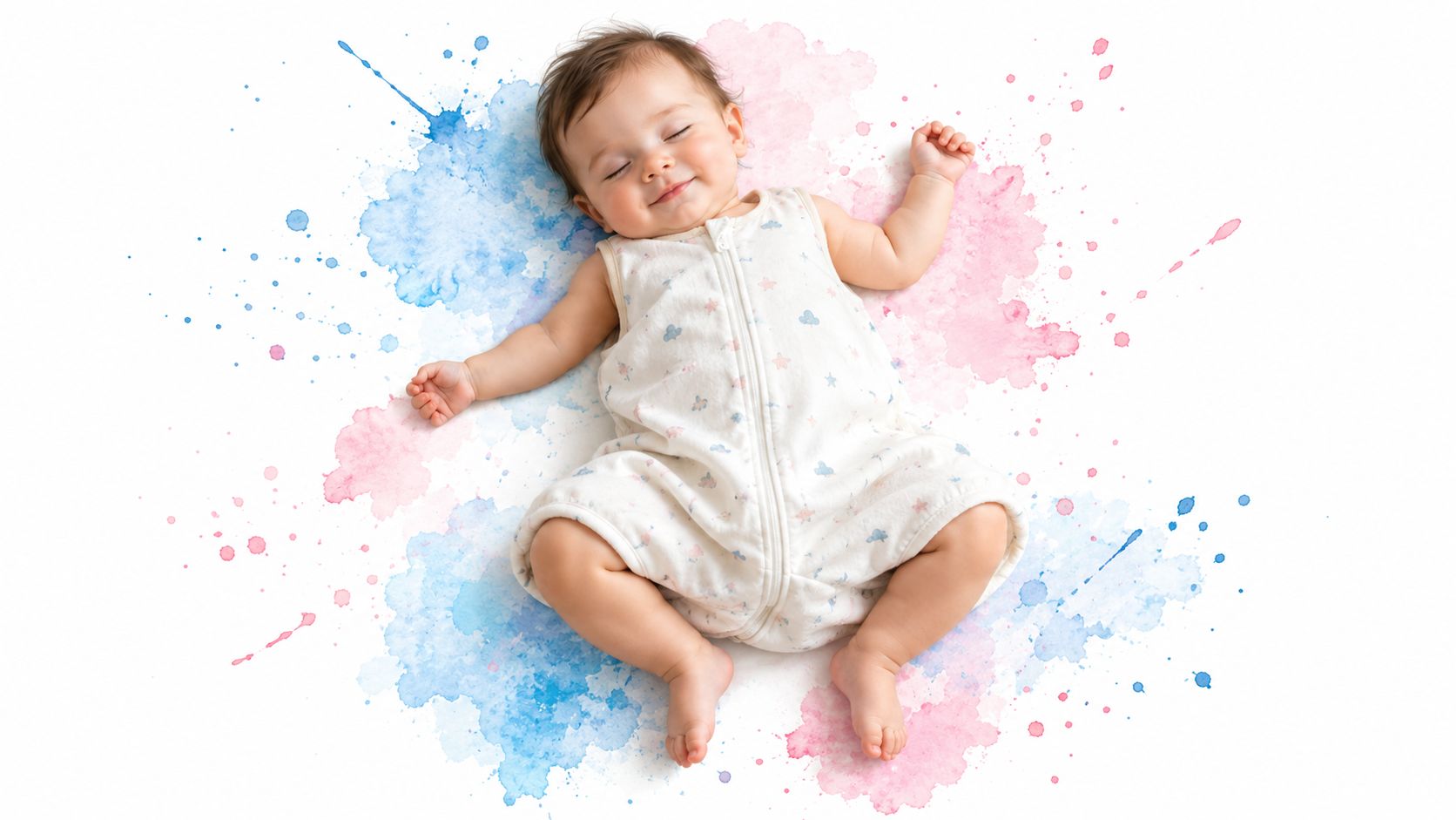 A peaceful baby sleeping soundly while wearing a comfortable white patterned sleep sack on a background