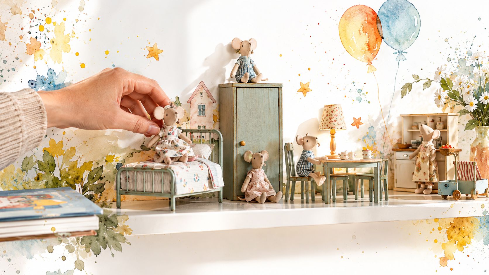 A hand placing a tiny fabric Maileg mouse doll onto a miniature bed in a charming toy house setup.