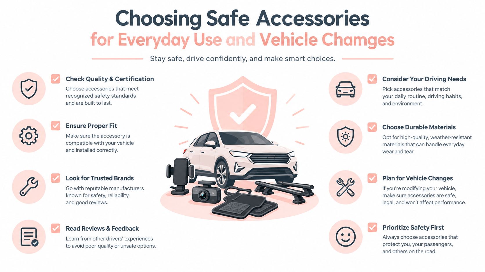An infographic titled Choosing Safe Accessories for Everyday Use and Vehicle Changes with eight safety tips.