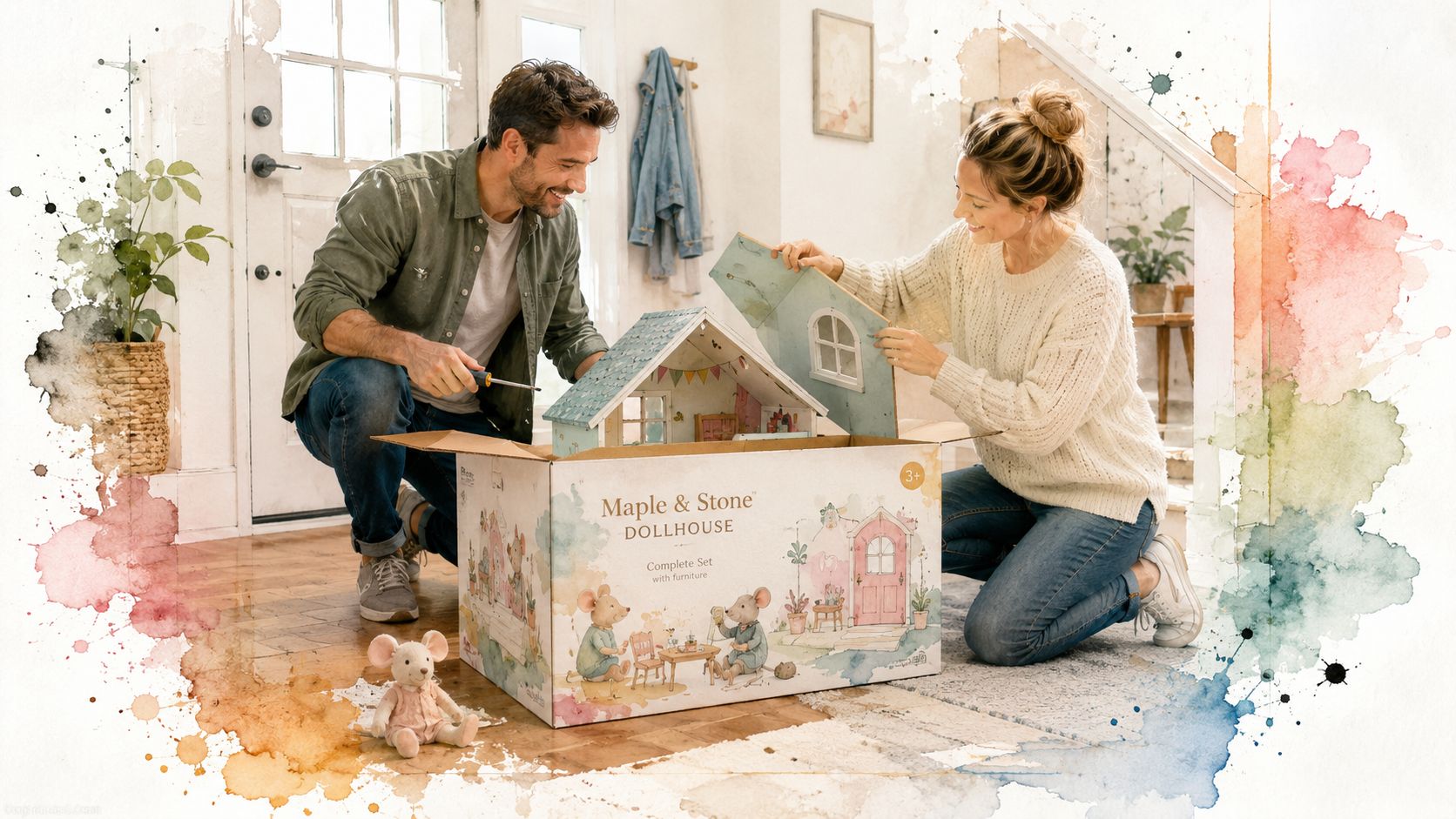 A smiling couple sits on a wooden floor assembling a charming toy dollhouse for their children.