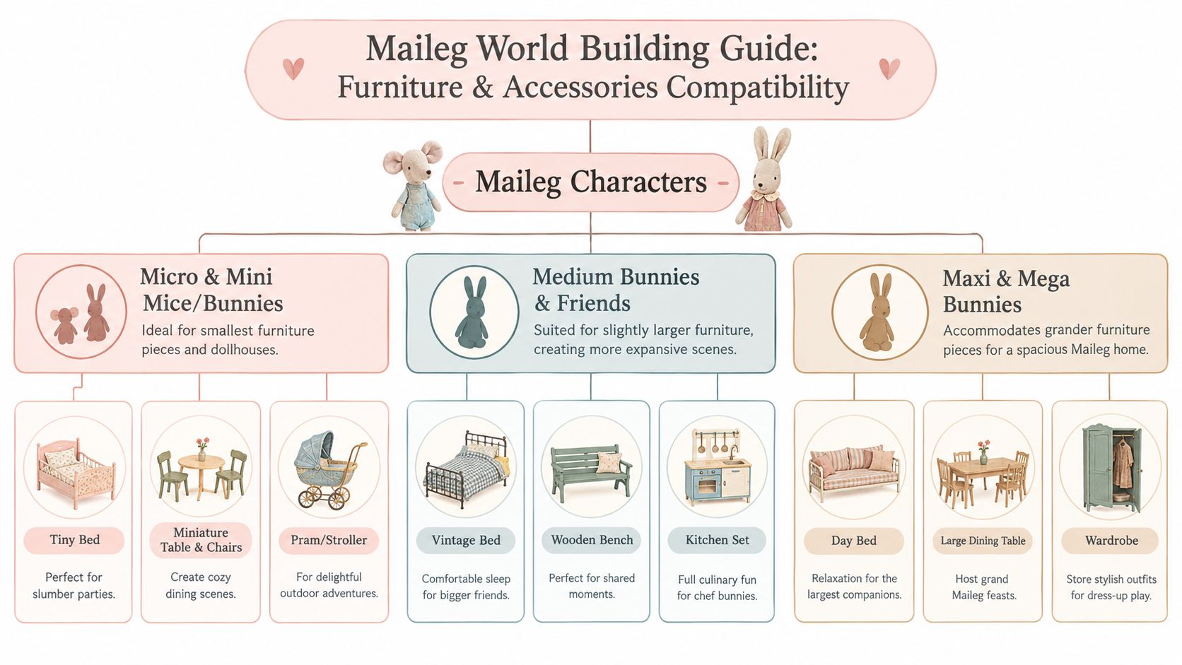 A Maileg world building guide showing furniture and accessory compatibility for micro, mini, medium, maxi, and mega characters.