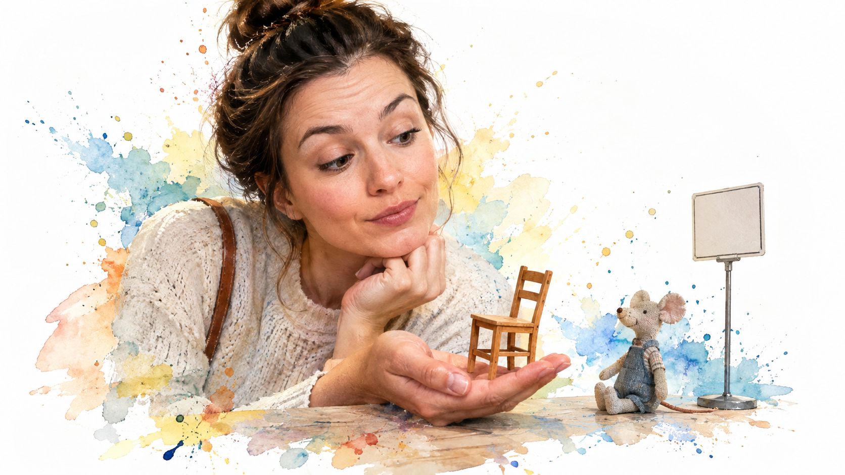 A woman looks fondly at a tiny wooden chair held in her hand beside a small plush mouse.