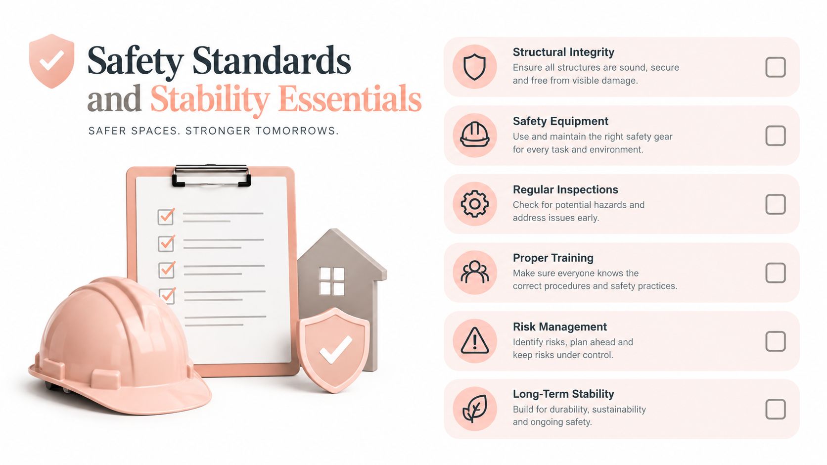 A safety checklist infographic featuring a hard hat, a clipboard, a house model, and six safety standards.