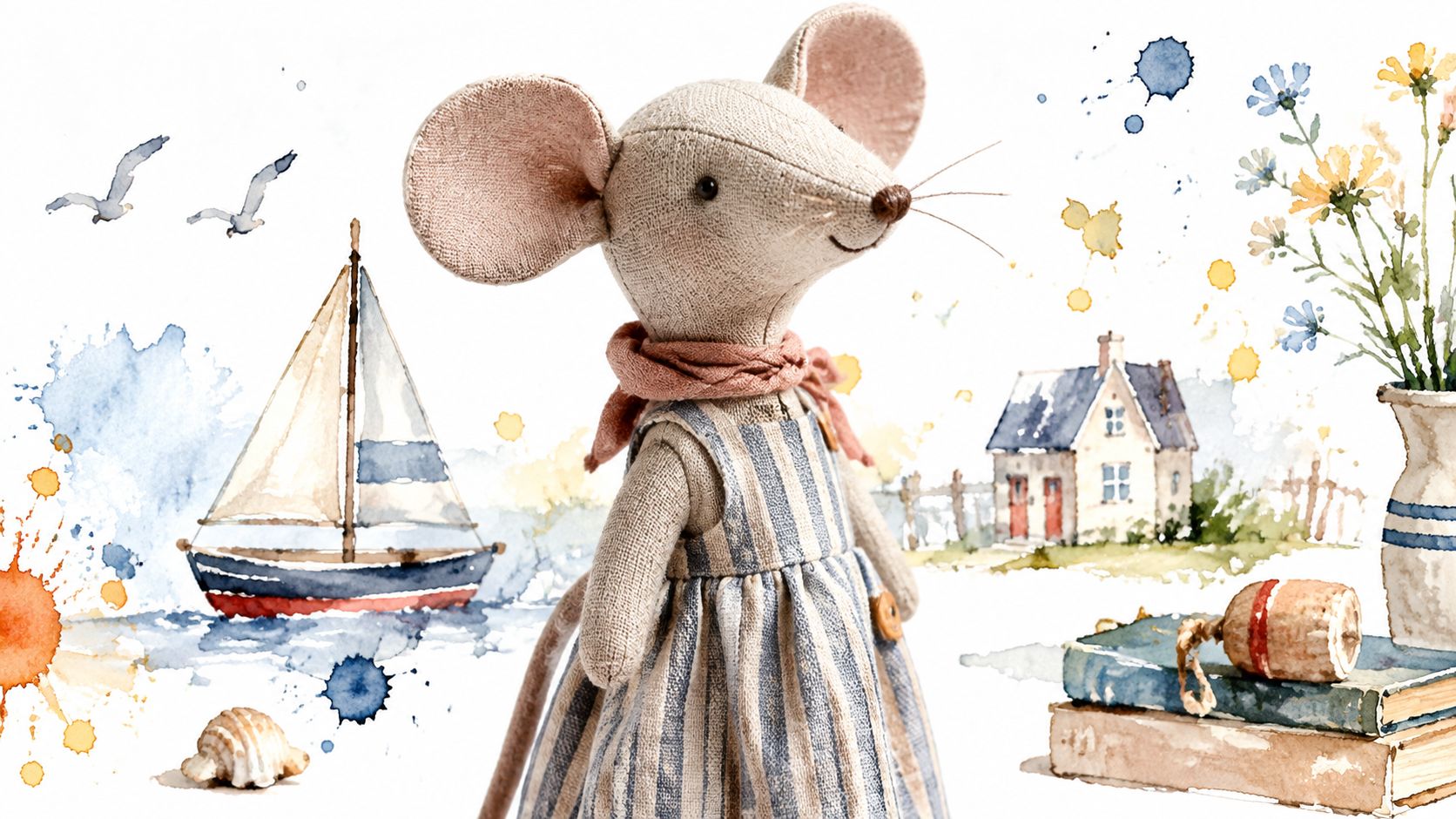 A cute fabric mouse doll wearing a striped dress stands in front of a whimsical watercolor maritime scene.