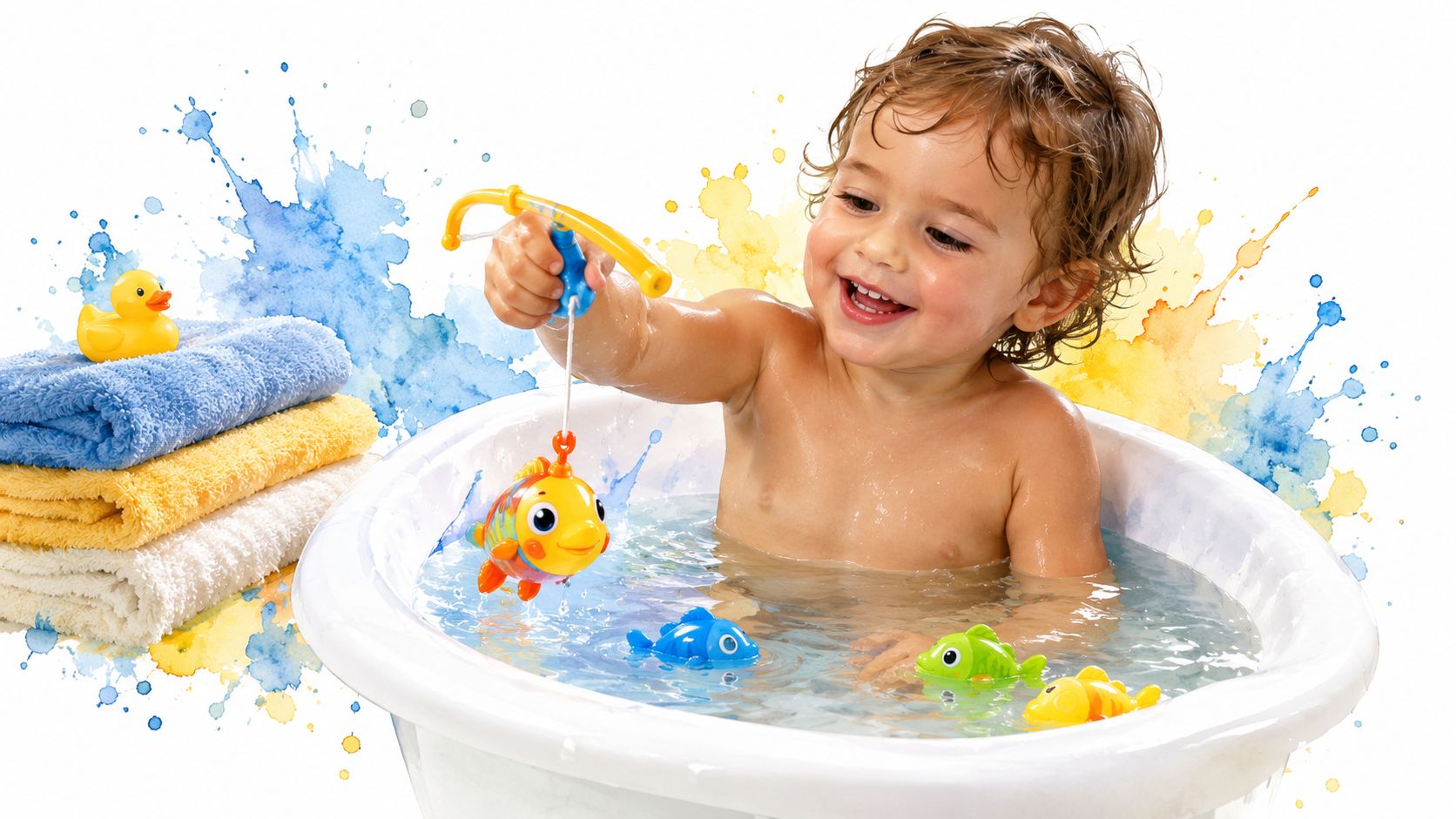 A happy toddler playing with a Munchkin fishing bath toy in a white baby bathtub.