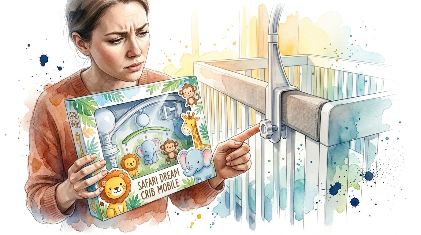 A woman looks concerned while trying to attach a safari-themed baby crib mobile to a white crib.