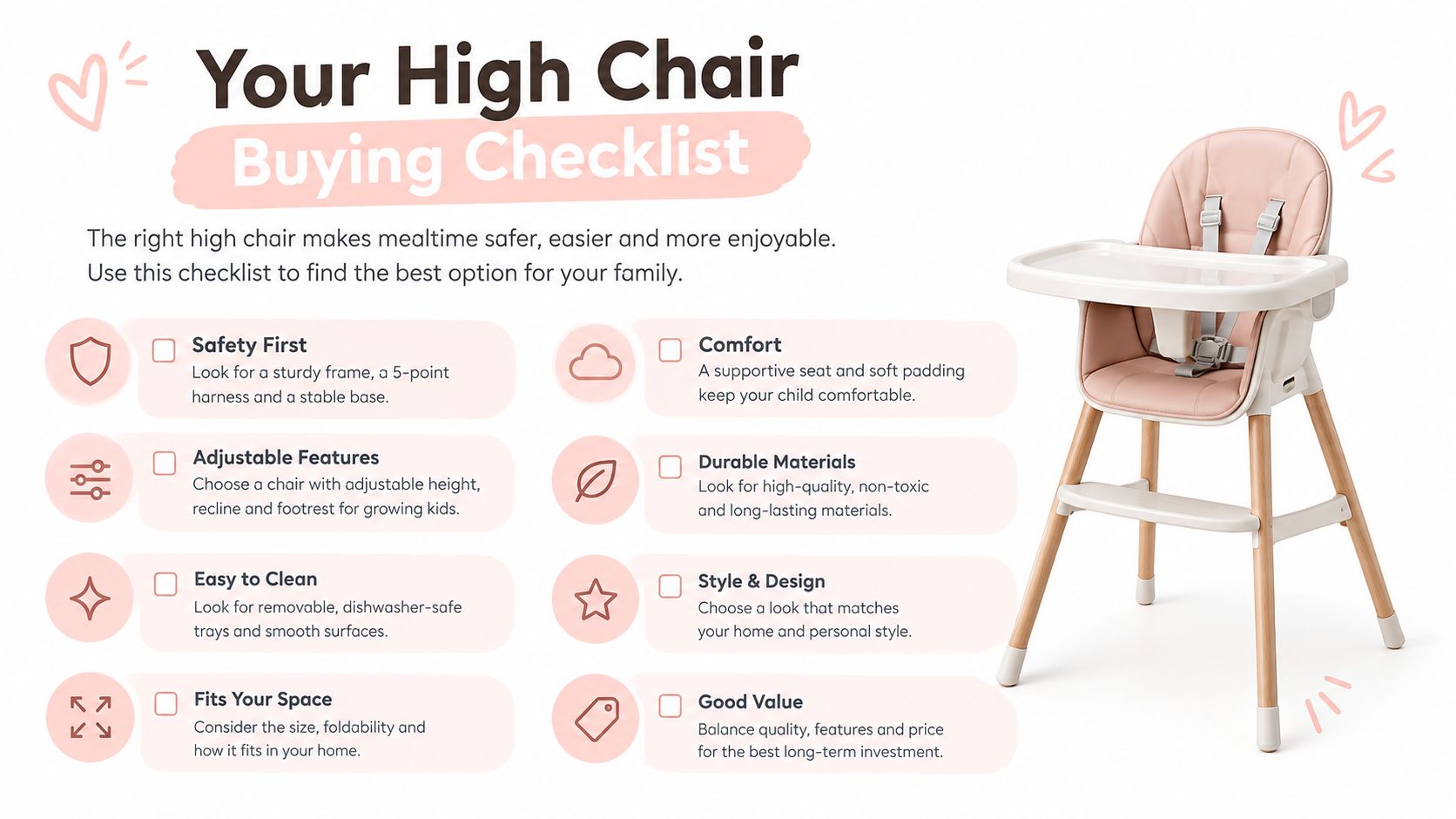 A helpful high chair buying checklist infographic featuring key features like safety, comfort, and easy cleaning.