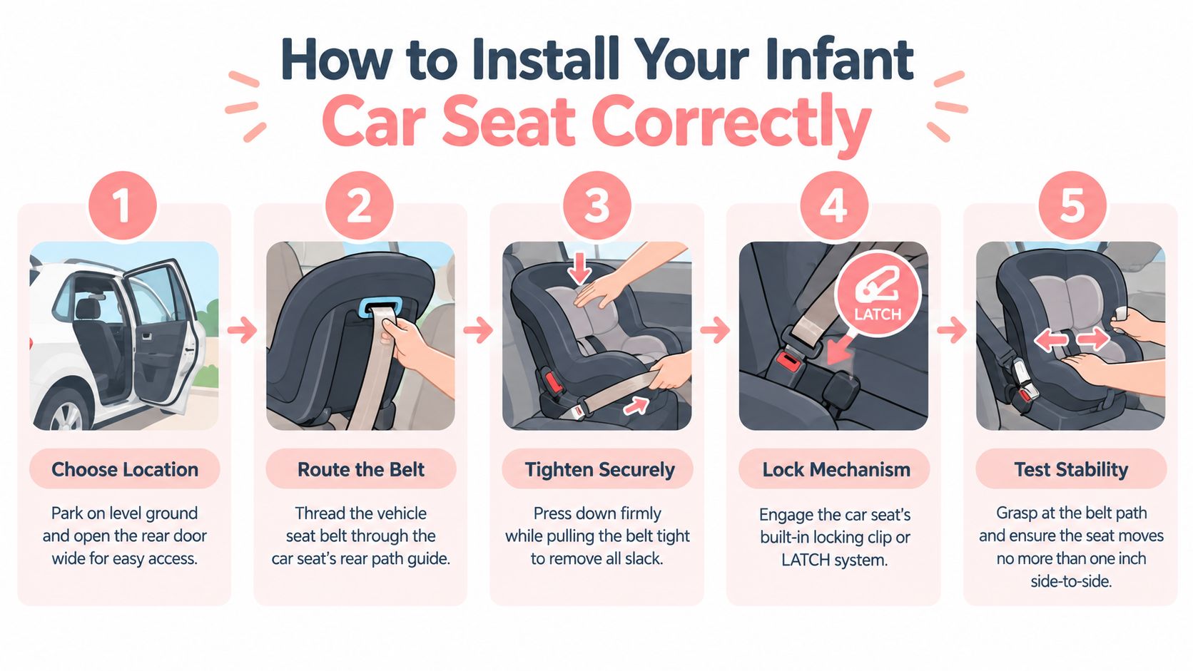 A stylized infographic illustrating the car seat safety process in three steps: Protection, Stability, and Rigorous Testing, with watercolor accents.