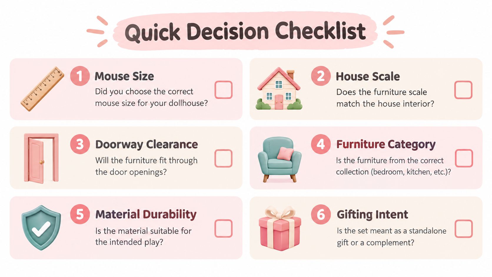 A quick decision checklist infographic for buying dollhouse furniture, featuring six numbered tips with illustrative icons.