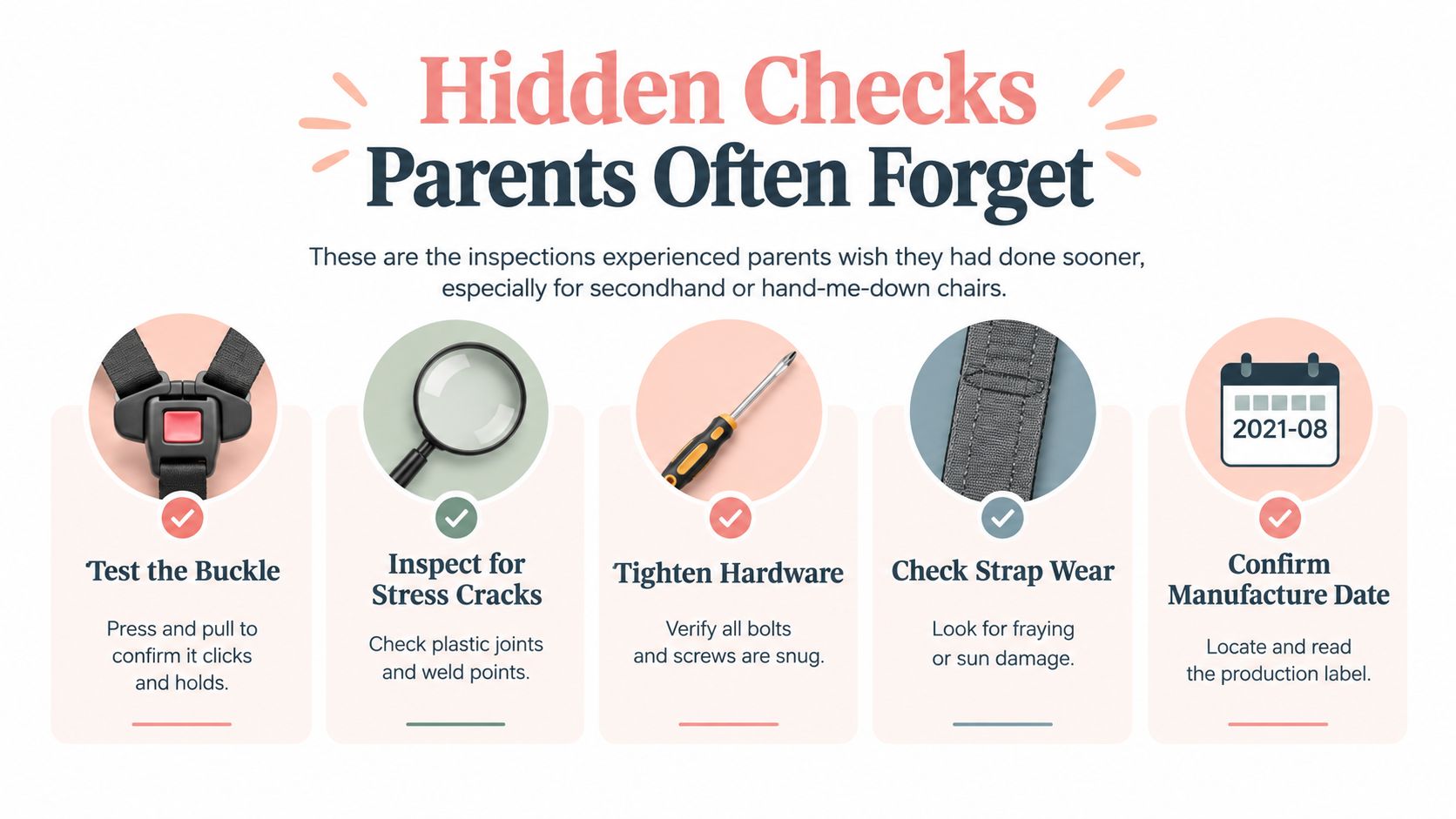An infographic detailing five essential safety checks parents should perform on secondhand high chairs.