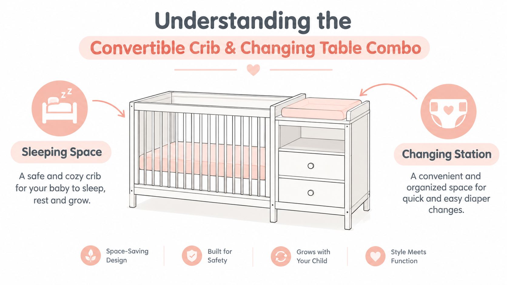 A modern convertible crib and changing table combo unit with drawers, designed for baby sleep and storage.