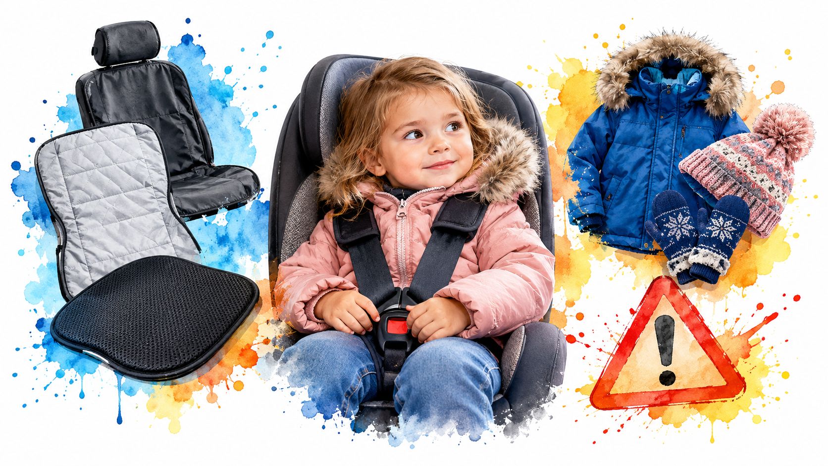 A collage showing a baby car seat, protective accessories, winter clothing, and a safety warning icon.