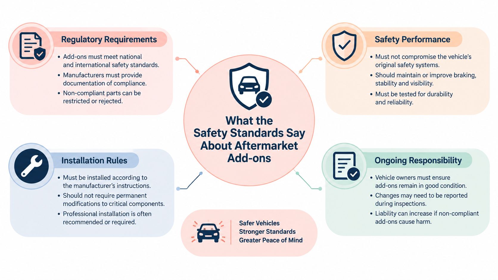 An infographic detailing safety standards and regulatory requirements for automotive aftermarket add-ons.