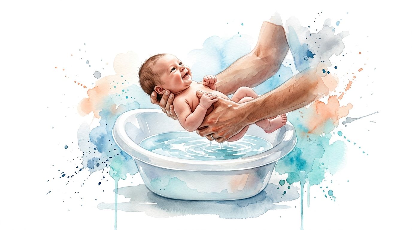 A close-up watercolor illustration of a parent gently bathing a smiling, happy baby in a white basin.