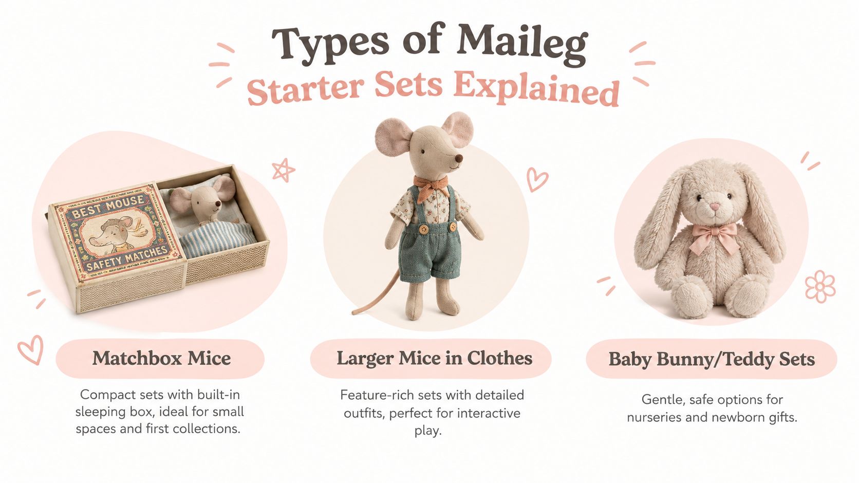 A visual guide explaining different types of Maileg starter sets including matchbox mice and baby bunnies.