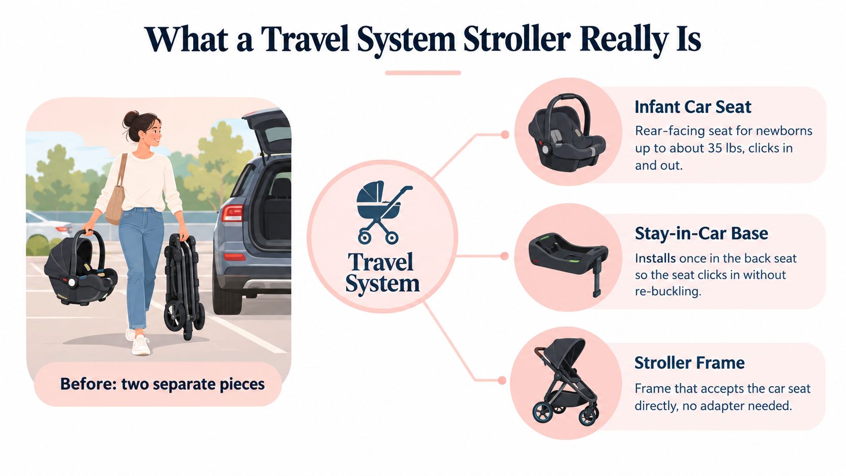 An infographic explaining a travel system stroller with a car seat, stay-in-car base, and stroller frame.