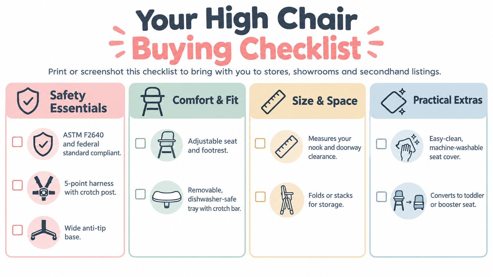 A comprehensive checklist for parents to use when buying a high chair, covering safety, comfort, and space.