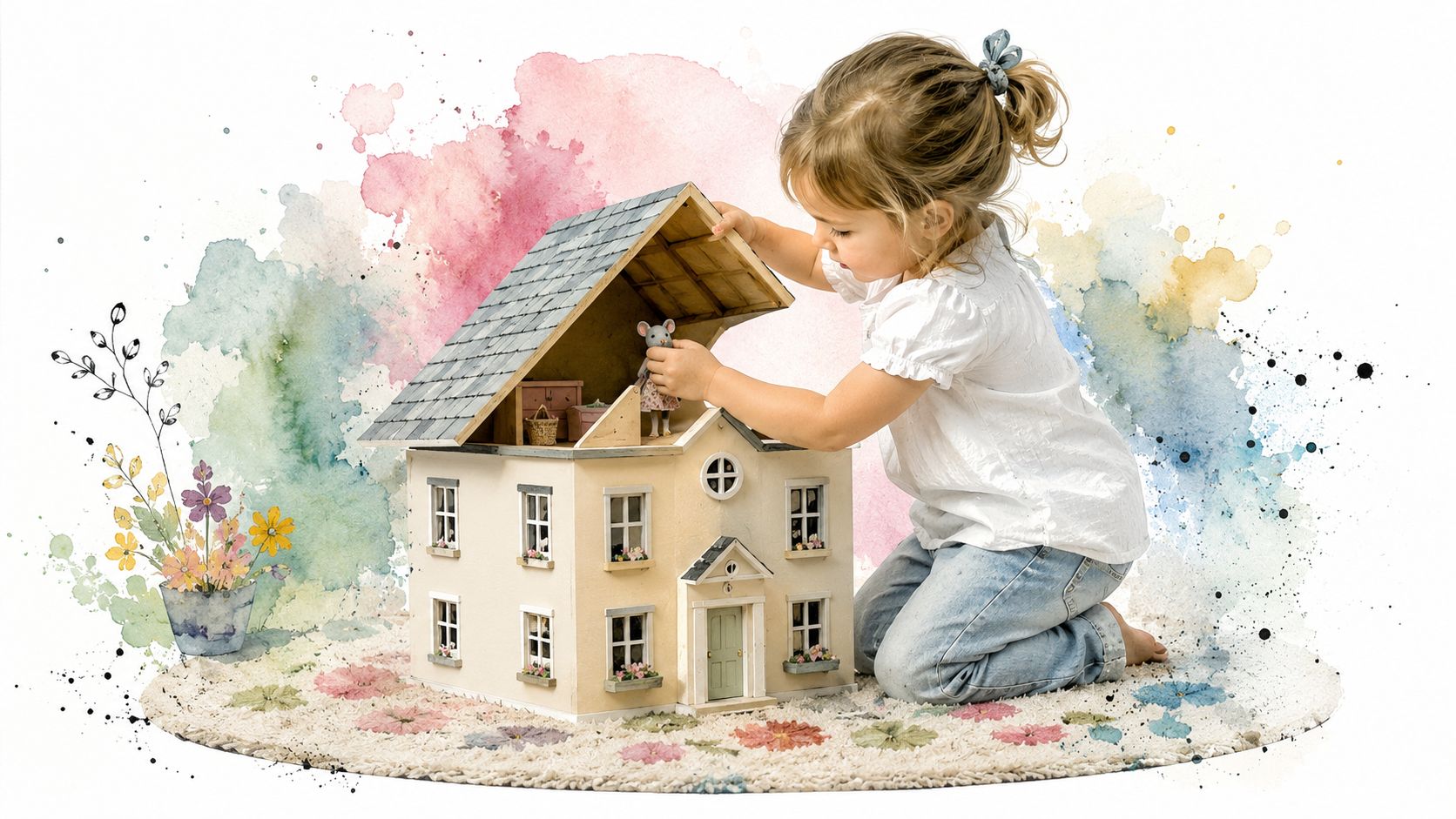A young girl playing with a miniature mouse doll inside a Maileg house of miniature dollhouse.