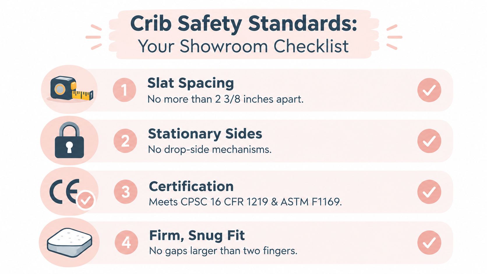 A safety checklist graphic for baby cribs including slat spacing, stationary sides, official certifications, and mattress fit.