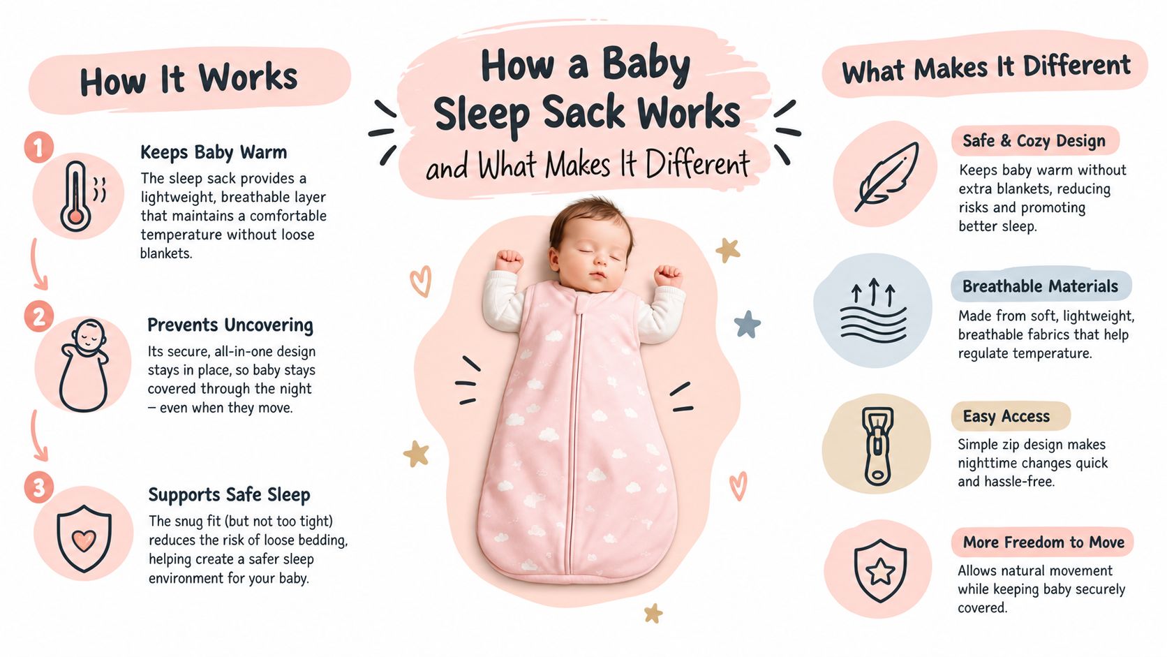 An infographic explaining how a baby sleep sack works and why it is a safe sleep choice.