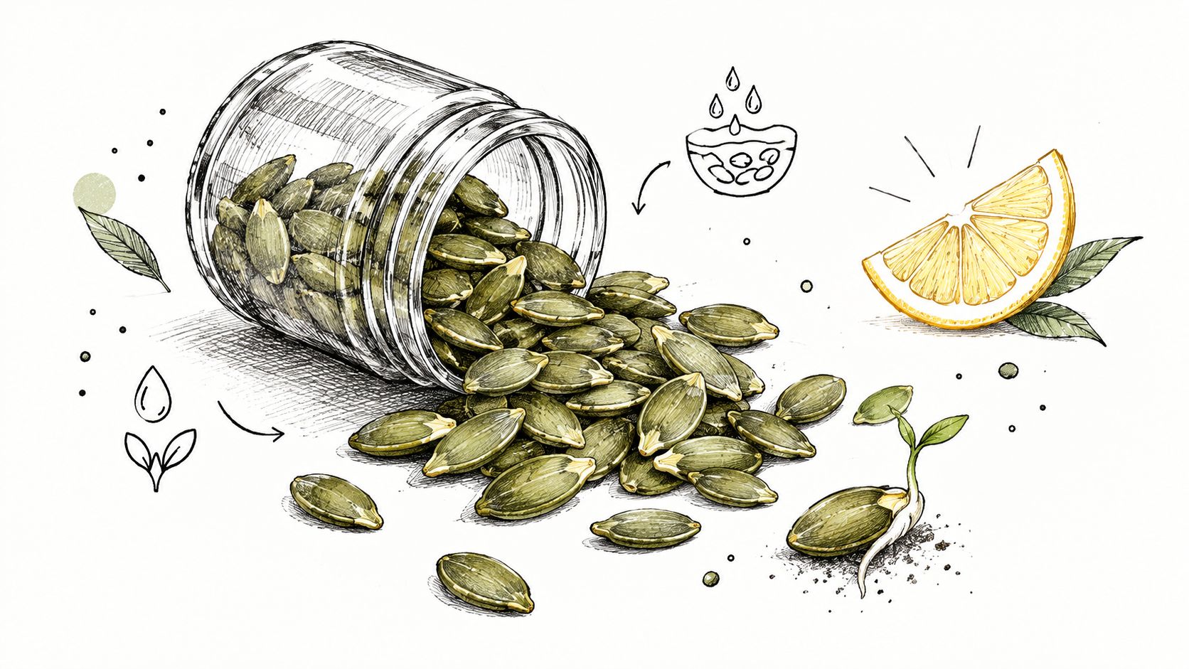 A hand-drawn illustration showing pumpkin seeds in a glass jar, a lemon wedge, and a germinating seed.