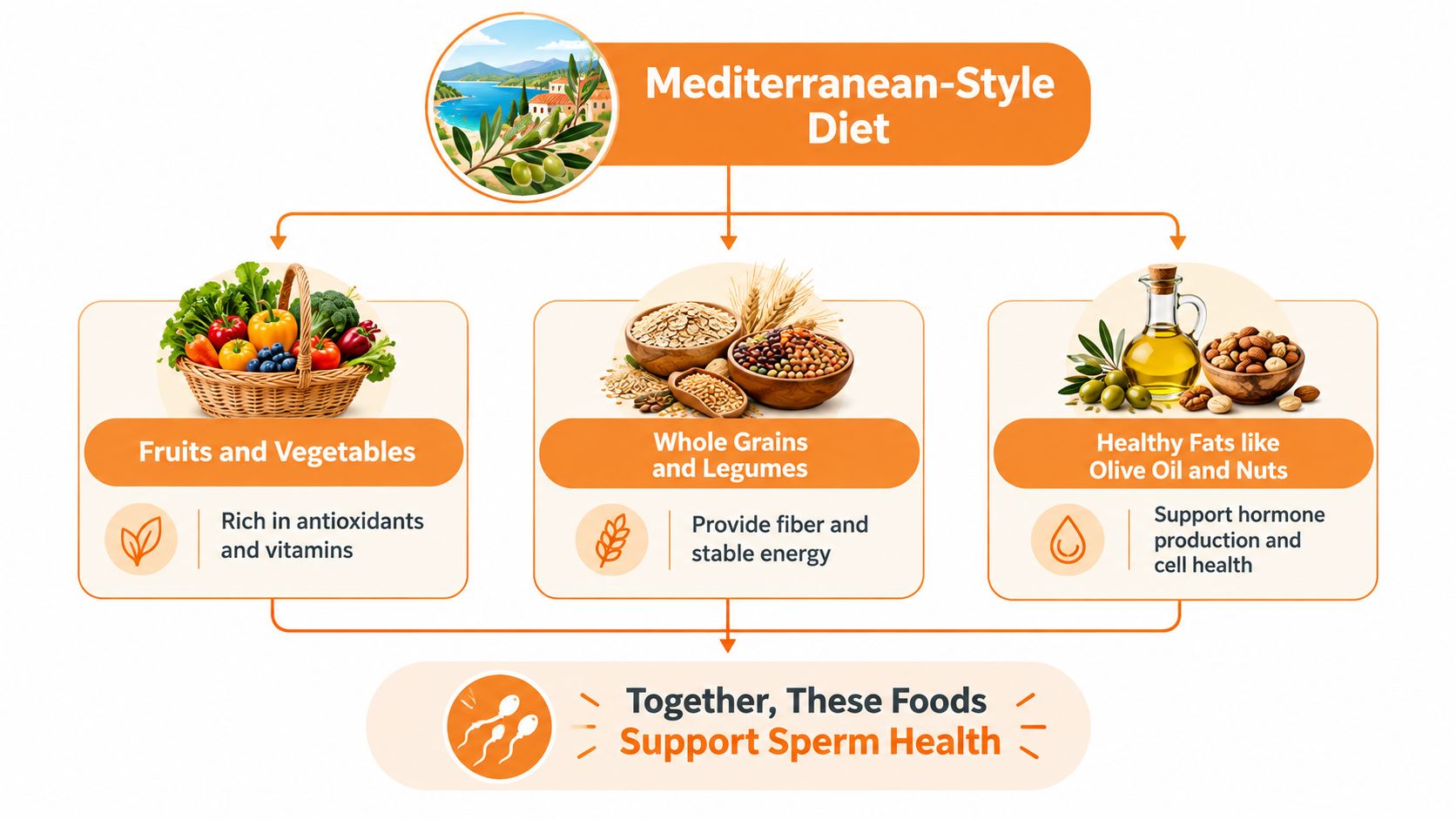 A diagram illustrating how a Mediterranean-style diet consisting of fruits, vegetables, grains, and healthy fats supports sperm health.