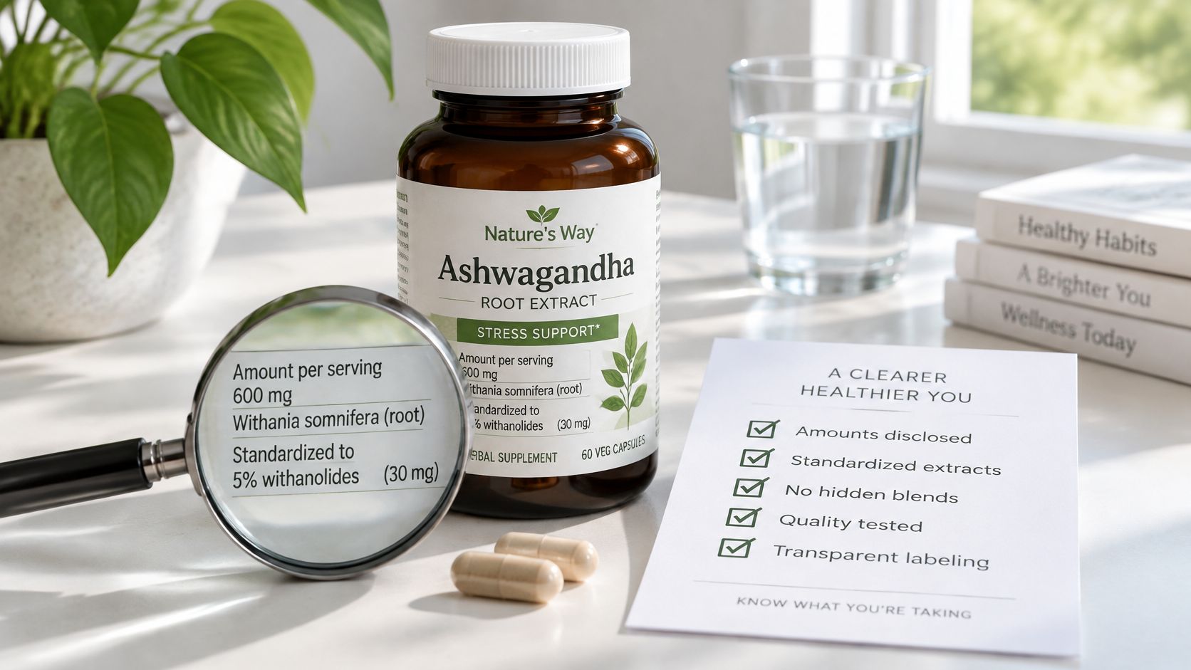 A magnifying glass reveals the clear supplement facts on a bottle of Nature's Way Ashwagandha root extract.