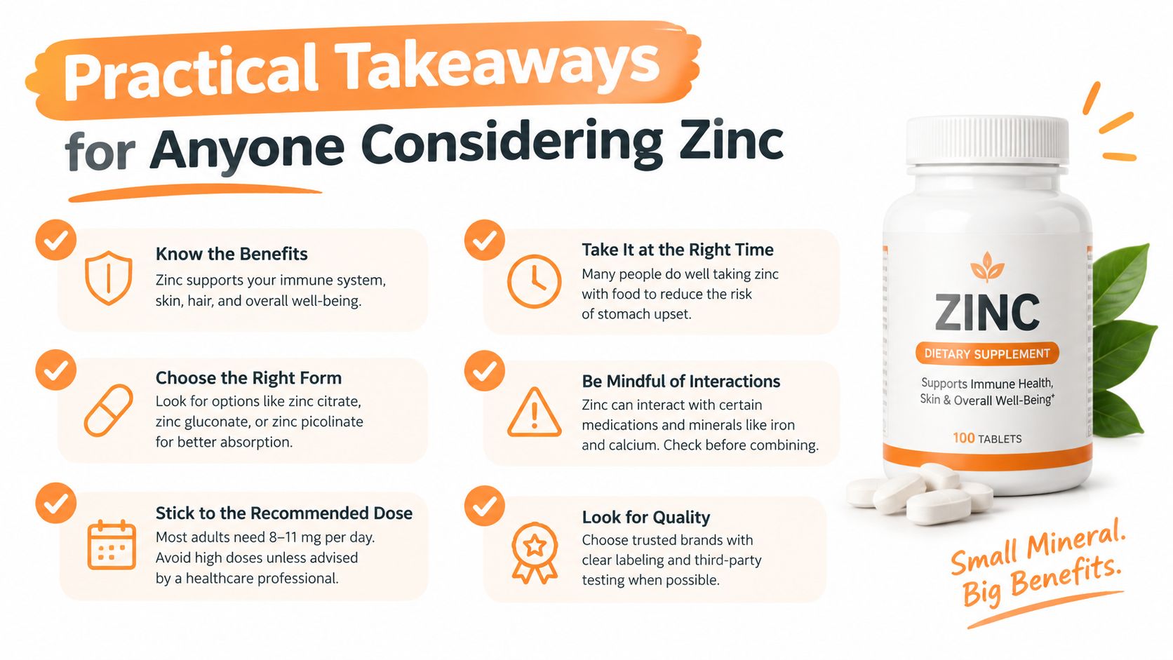 An infographic titled Practical Takeaways for Anyone Considering Zinc, featuring health tips and a zinc supplement bottle.