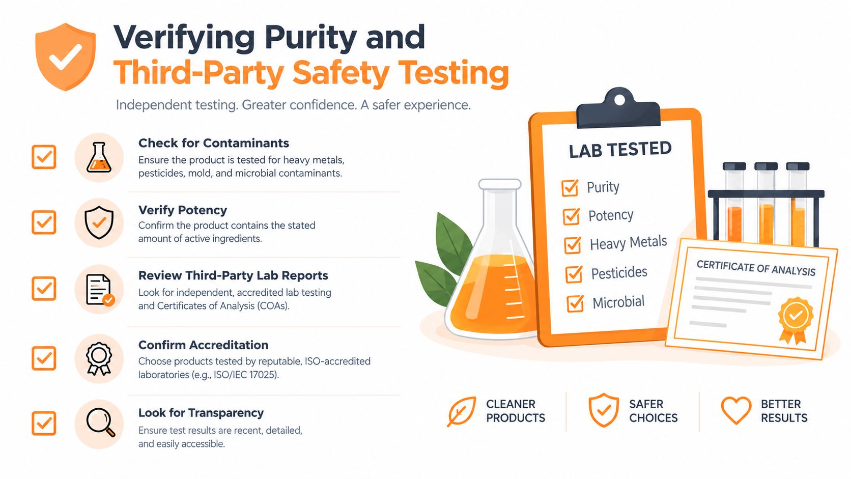 An infographic detailing steps for verifying purity and third-party safety testing of health and wellness products.