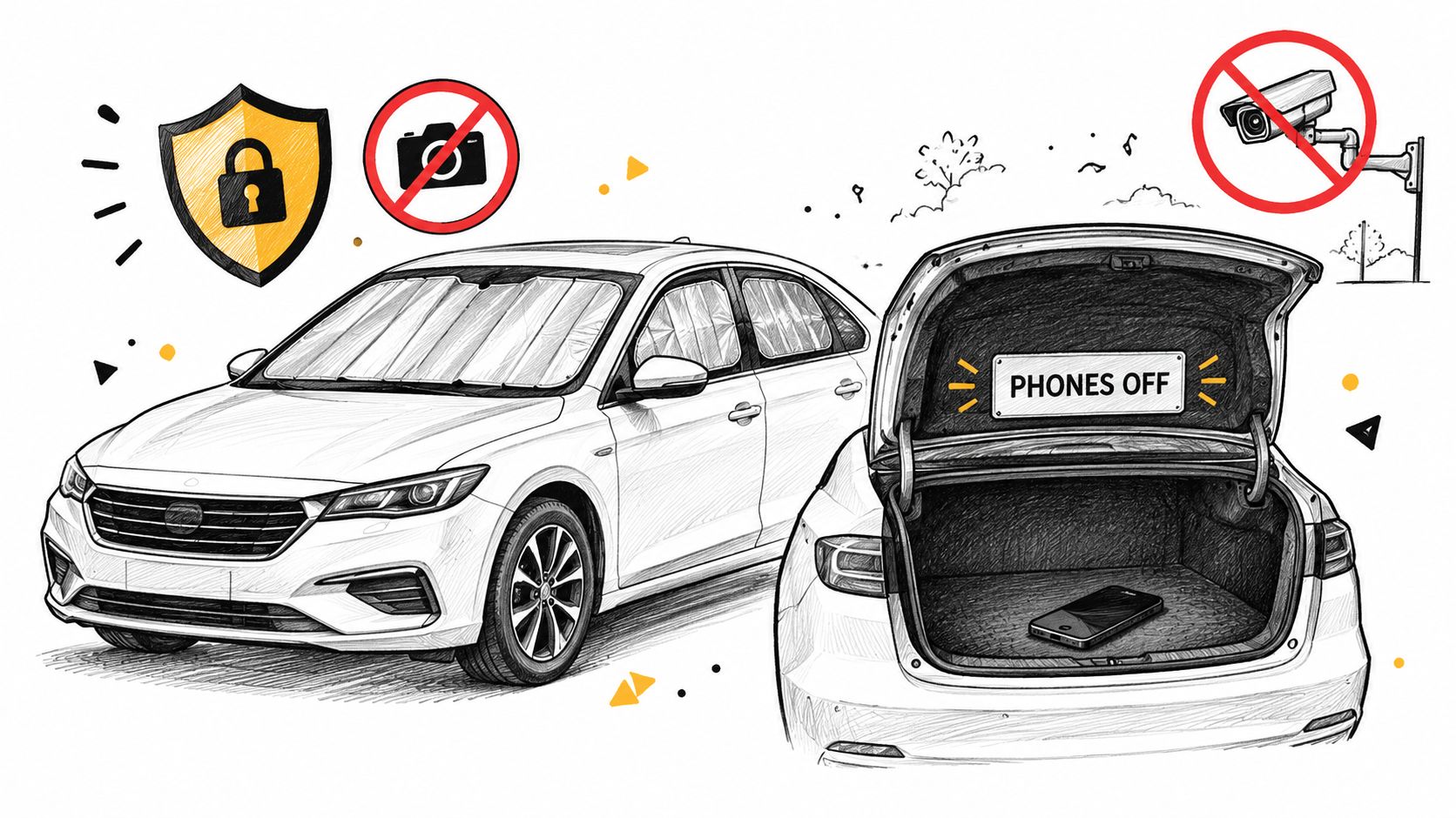 A pencil sketch of a car with privacy signs, a locked shield, and a phone in the trunk.