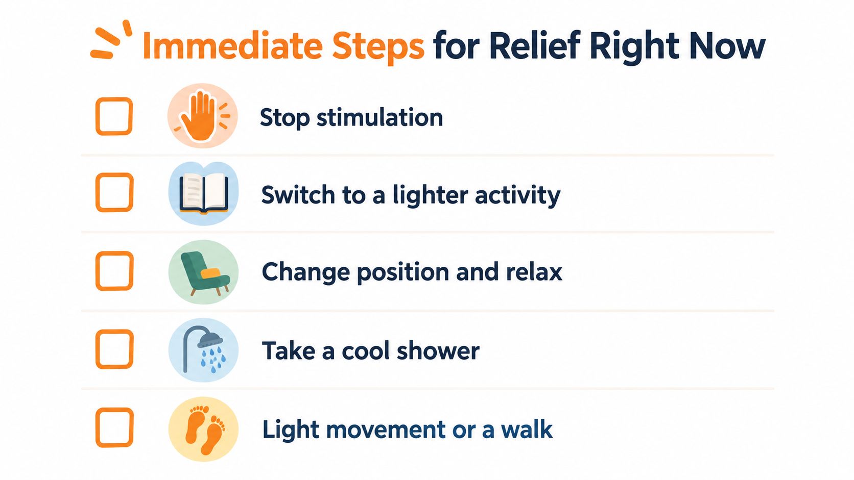 A checklist titled Immediate Steps for Relief Right Now, outlining five actions to find quick physical comfort.