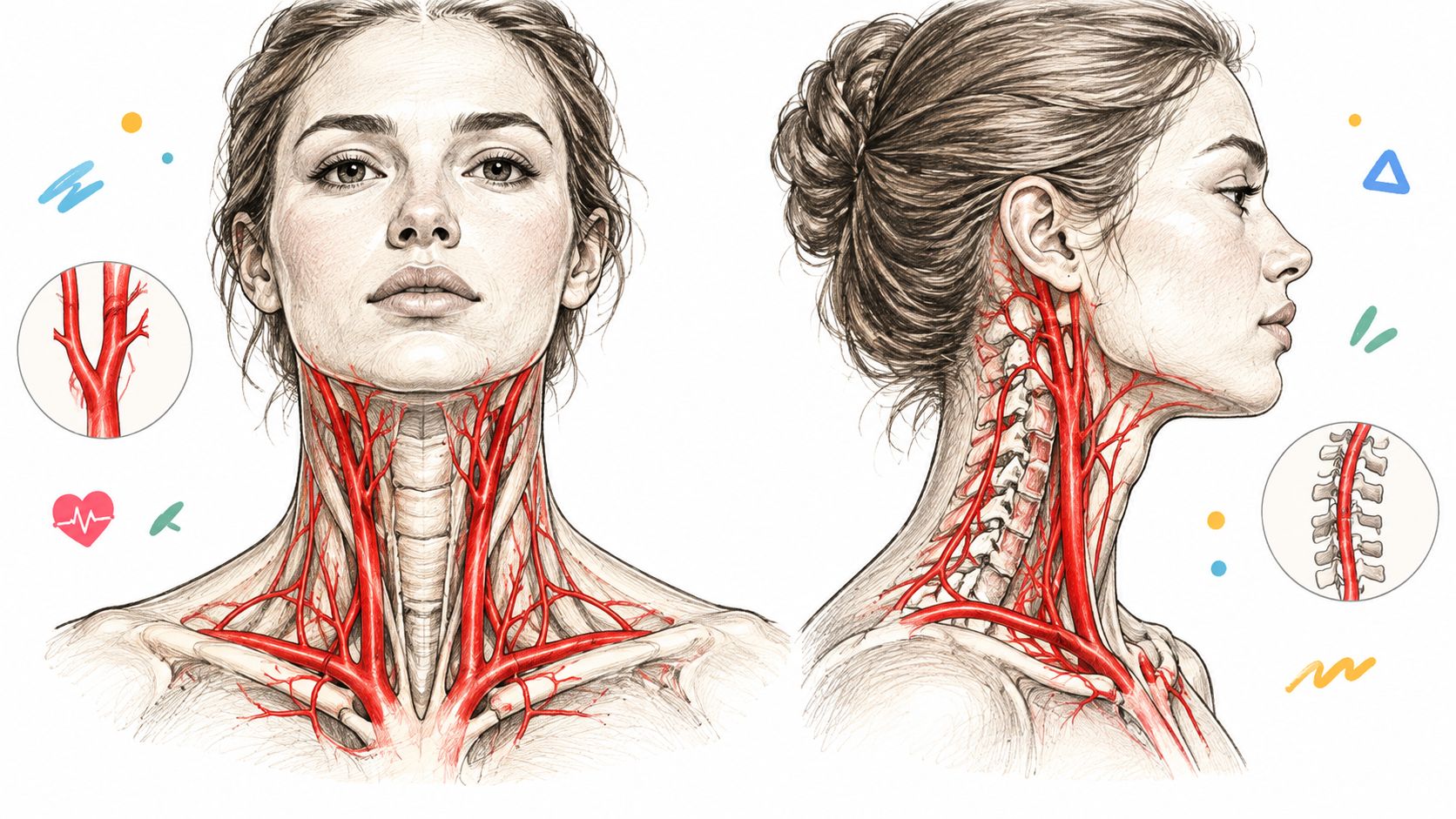 A detailed medical illustration showing the anatomy of neck arteries and the cervical spine for educational purposes.