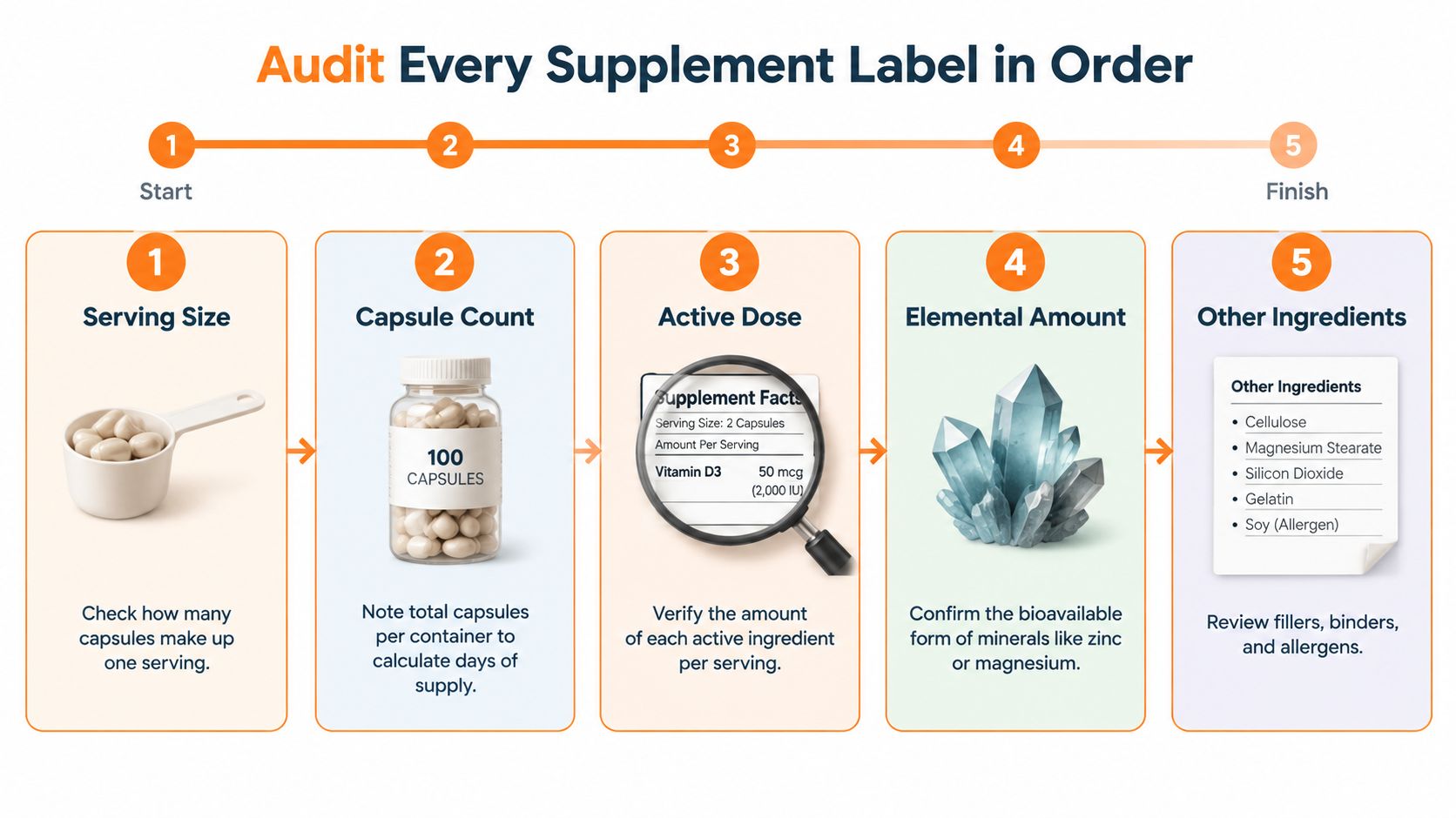 An infographic showing a five-step process for auditing supplement labels including serving size and ingredients.