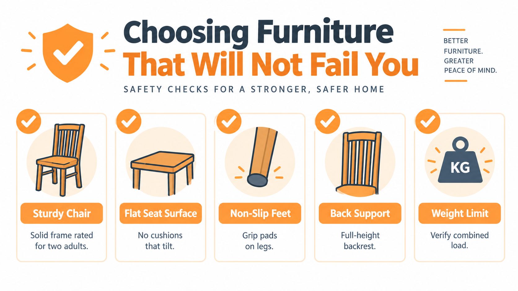 A safety infographic showing five icons and tips for choosing sturdy, safe home furniture for stability.