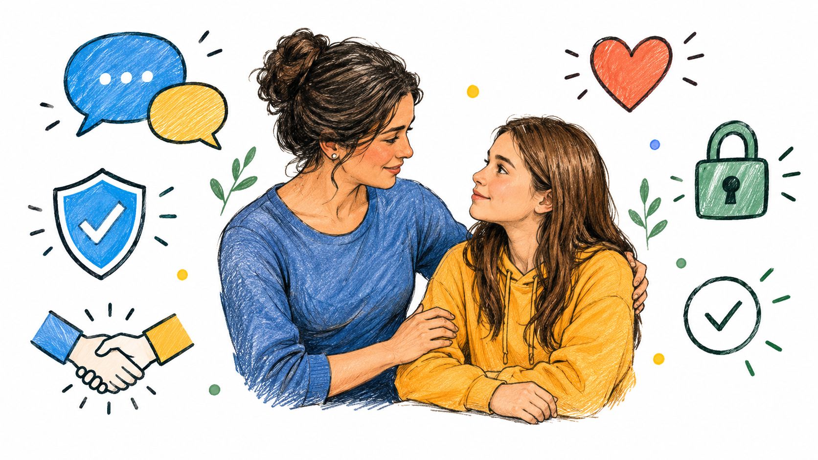 A nurturing mother and daughter sharing a heartwarming connection surrounded by illustrative icons representing love, trust, and safety.