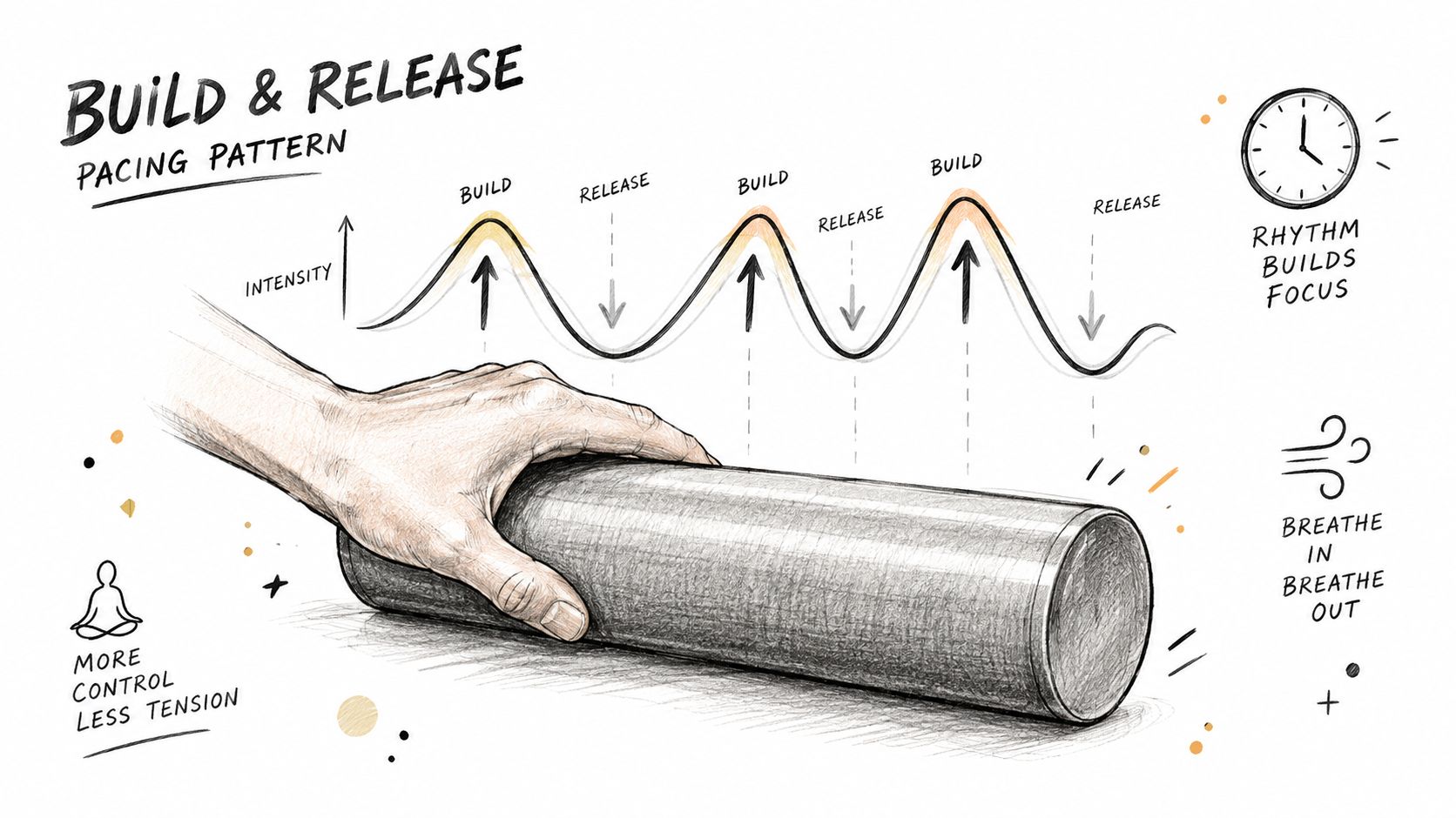 A hand rolling a foam roller illustrated with a graph showing rhythmic build and release patterns.