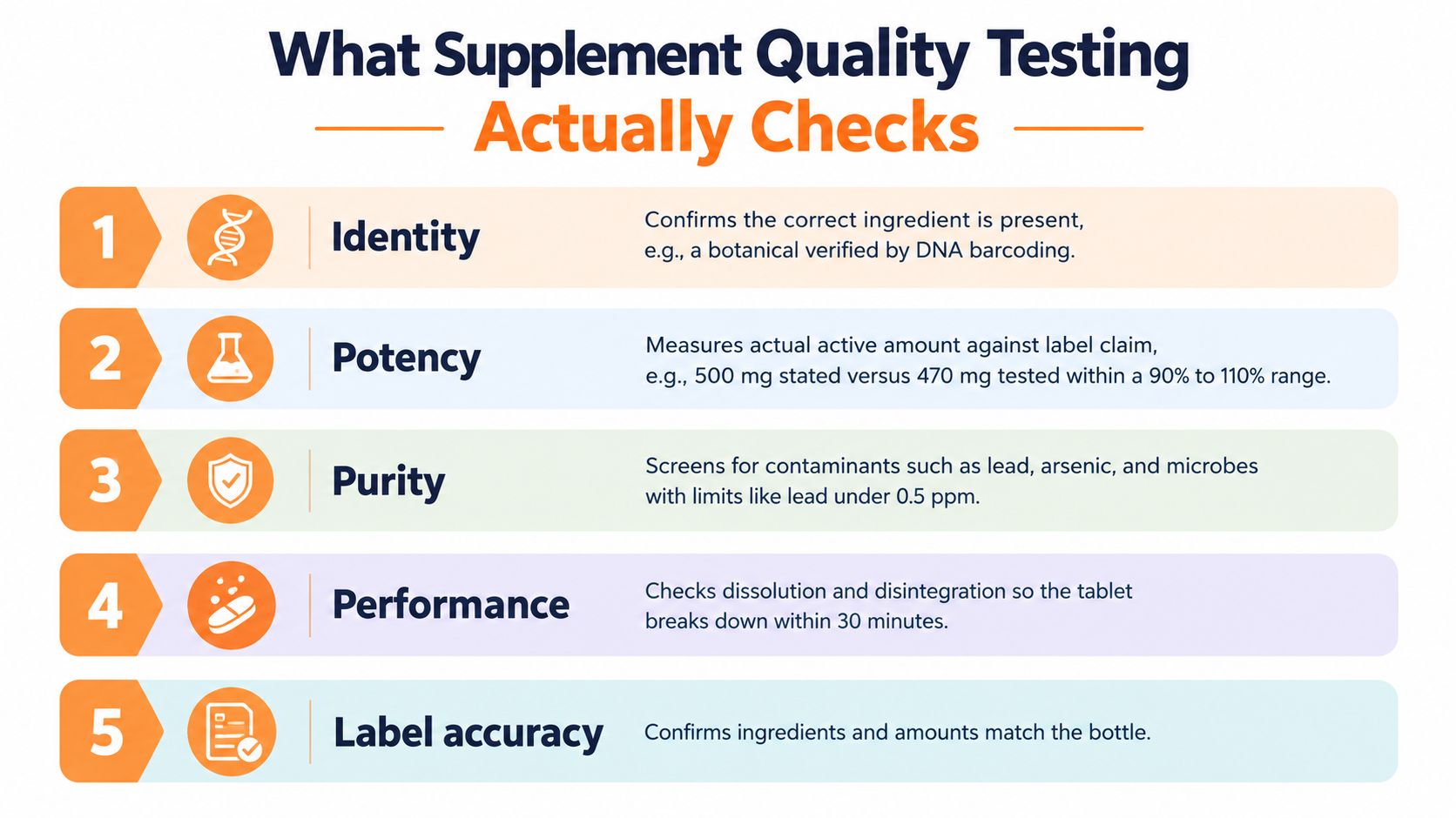 A numbered list illustrating five key areas of supplement quality testing including identity, potency, purity, performance, and label accuracy.
