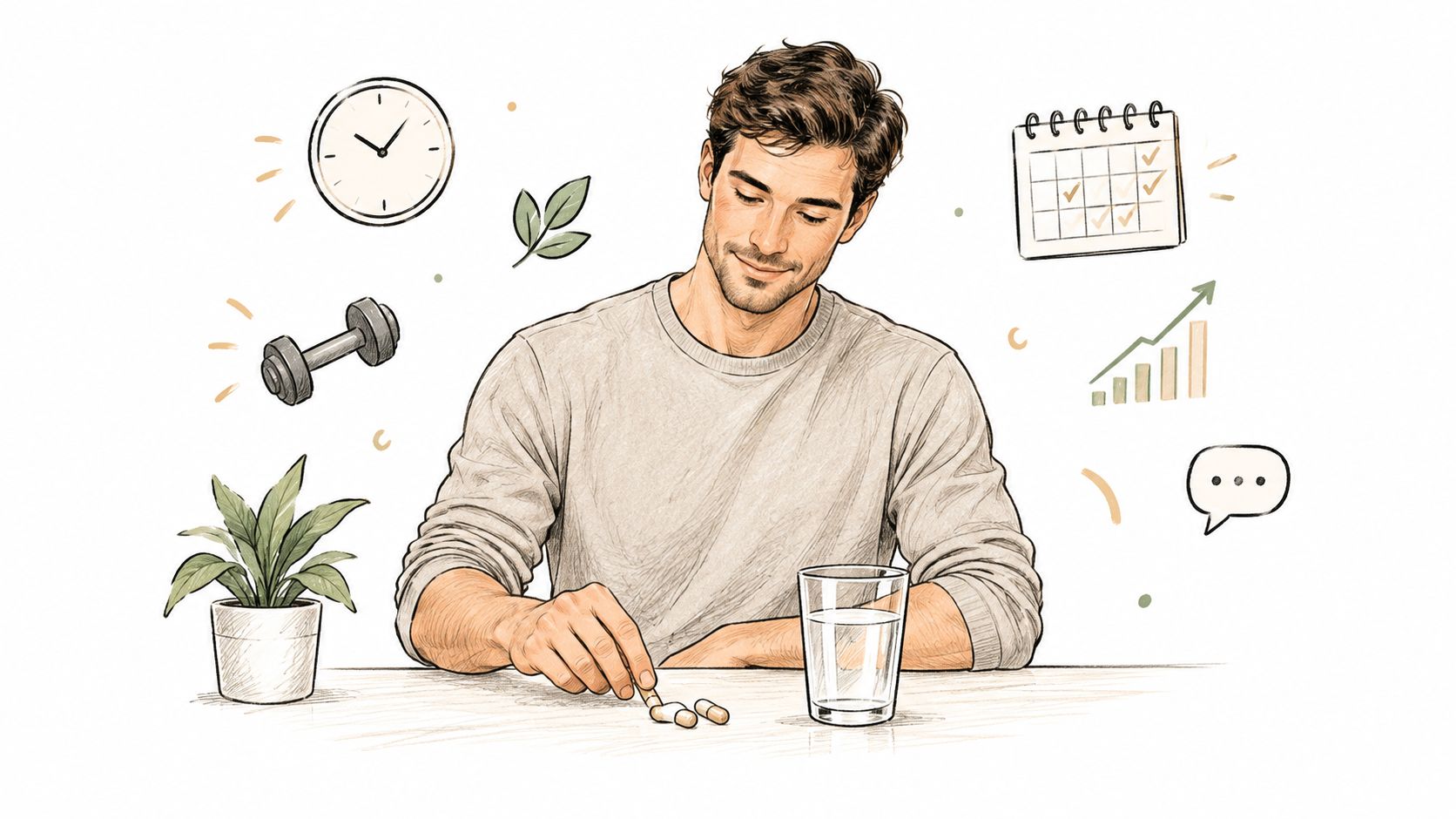 A man in a casual sweater taking health supplements with a glass of water, surrounded by wellness symbols.