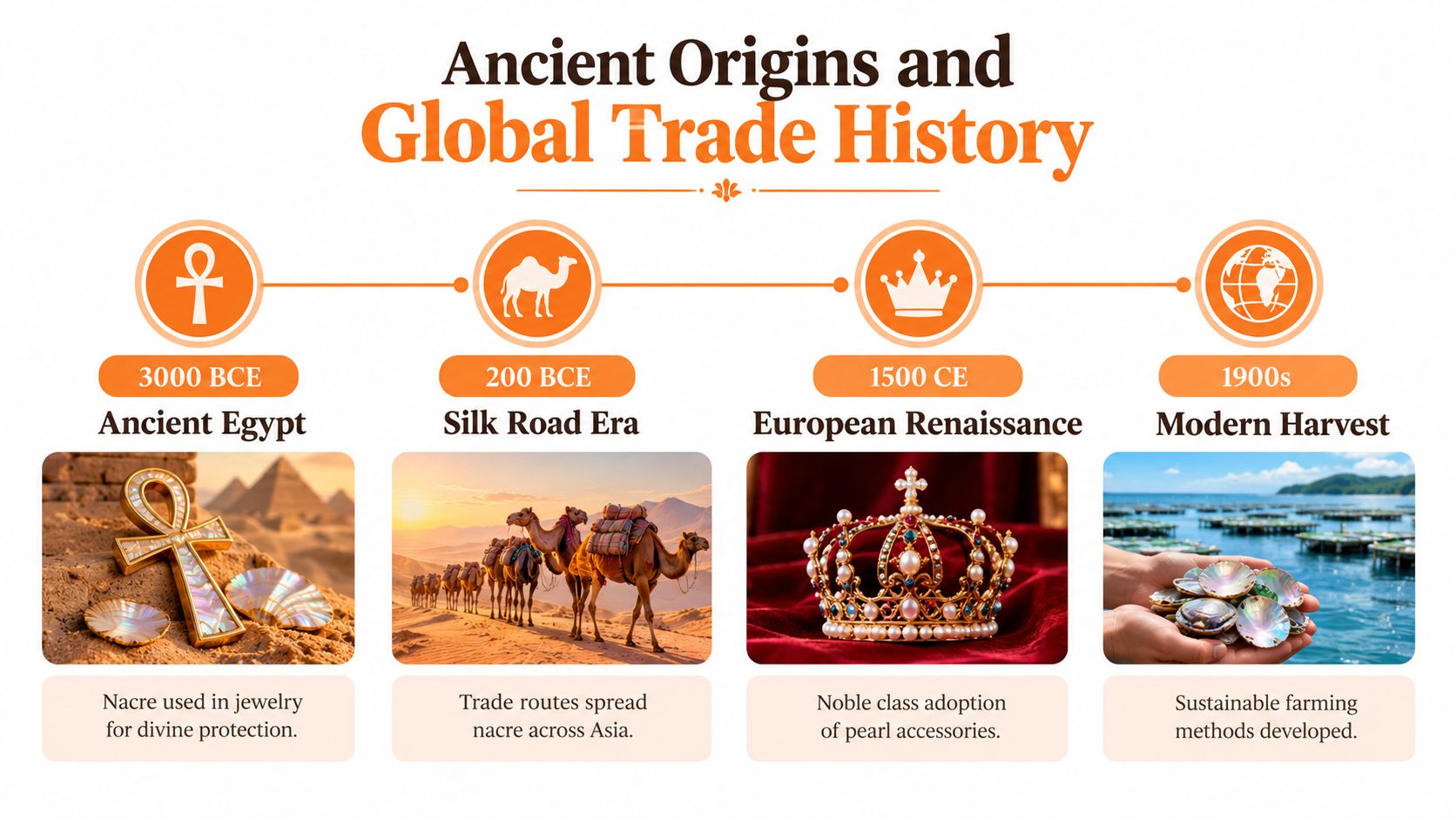 A historical timeline showing the evolution of mother-of-pearl usage from Ancient Egypt to modern sustainable farming practices.
