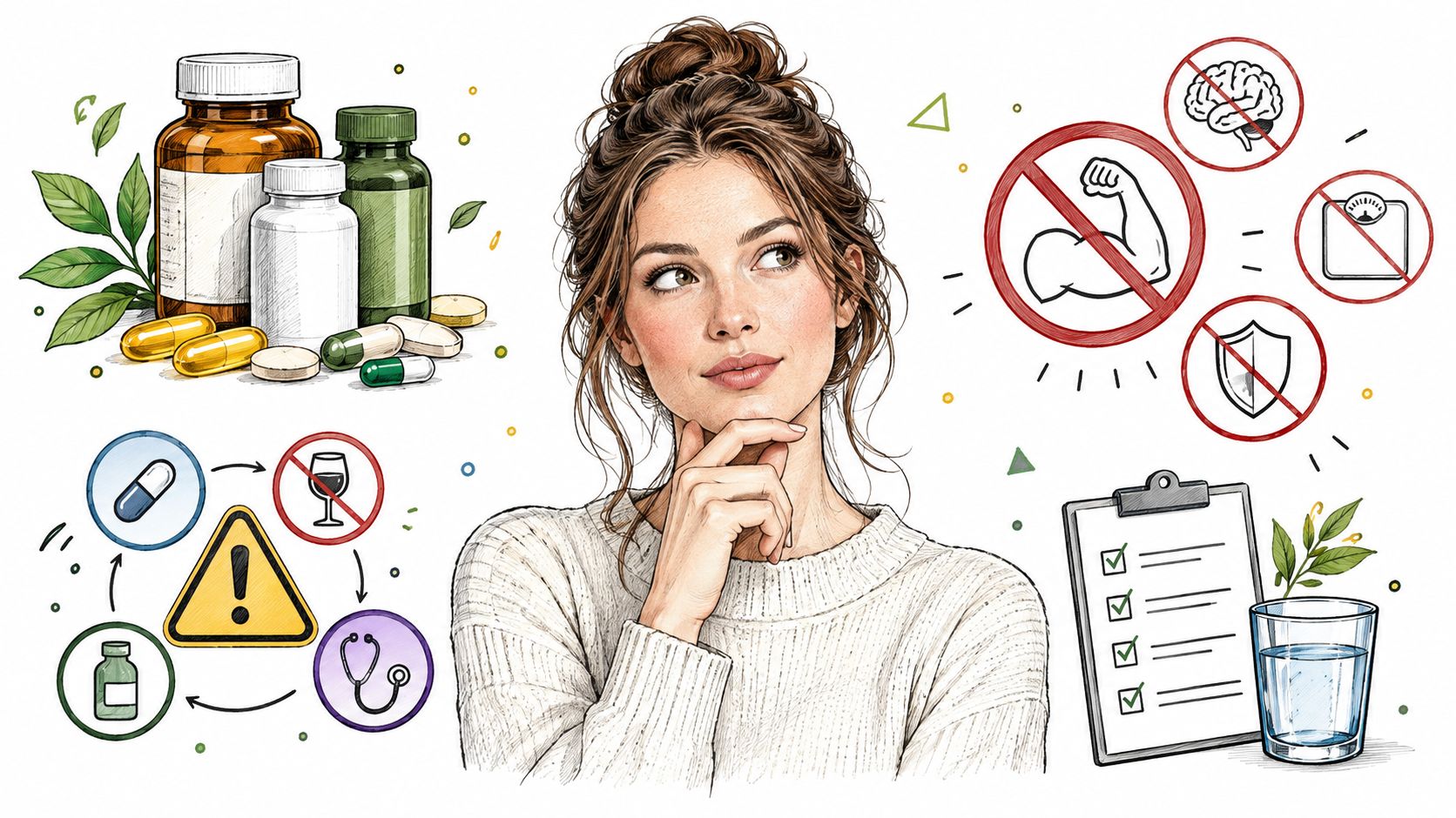 A thoughtful woman considers health supplements and medical precautions depicted in a series of informative illustrations.